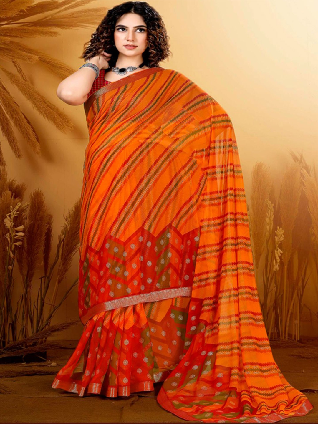 

SHOPPKEE Striped Sequinned Poly Chiffon Designer Banarasi Saree, Orange