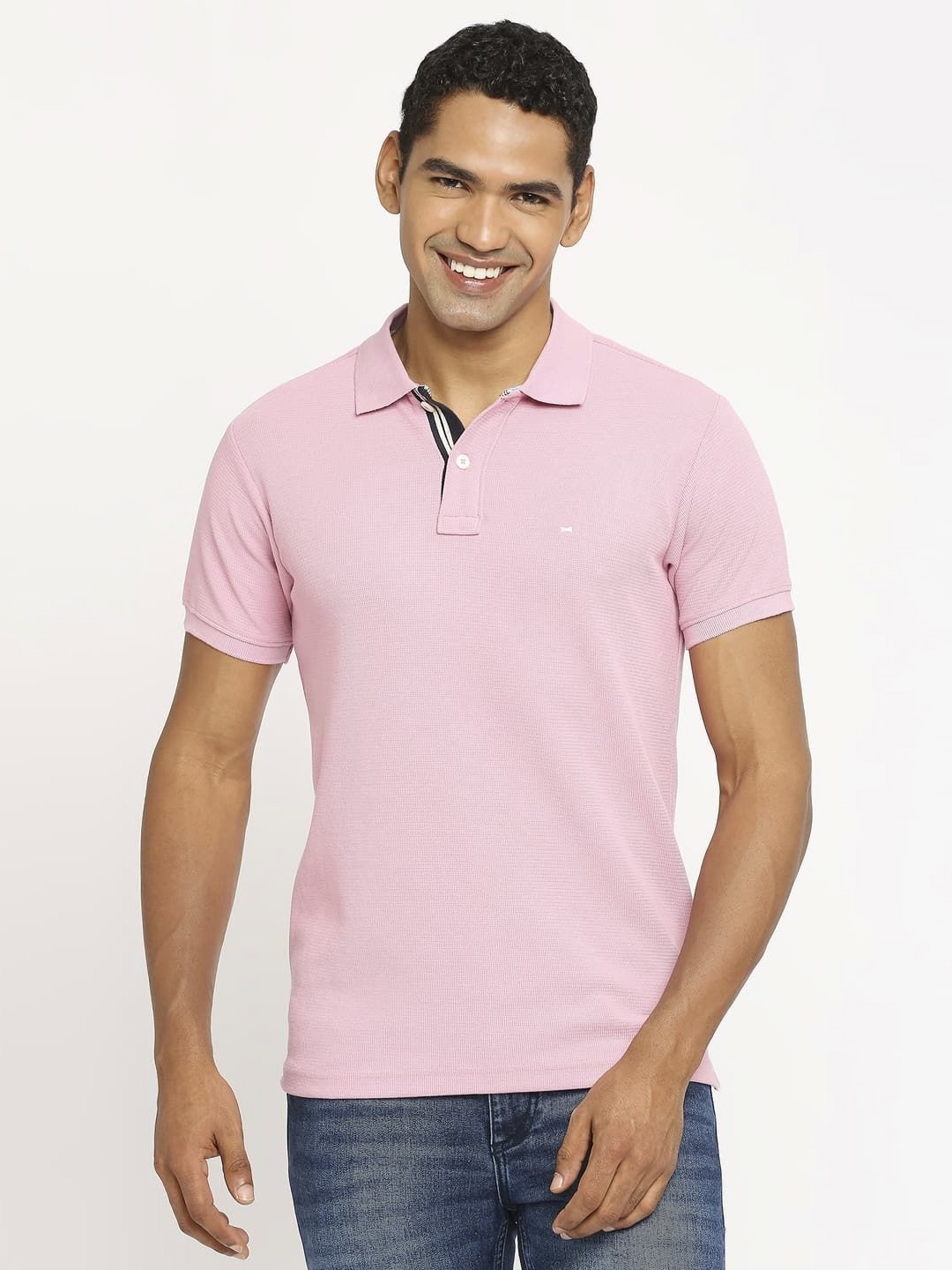 

Basics Men Solid Polo Collar Cotton Boxy T-shirt, Pink