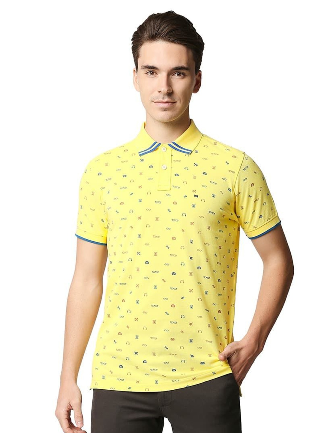 

Basics Men Conversational Printed Polo Collar Cotton Slim Fit T-shirt, Yellow