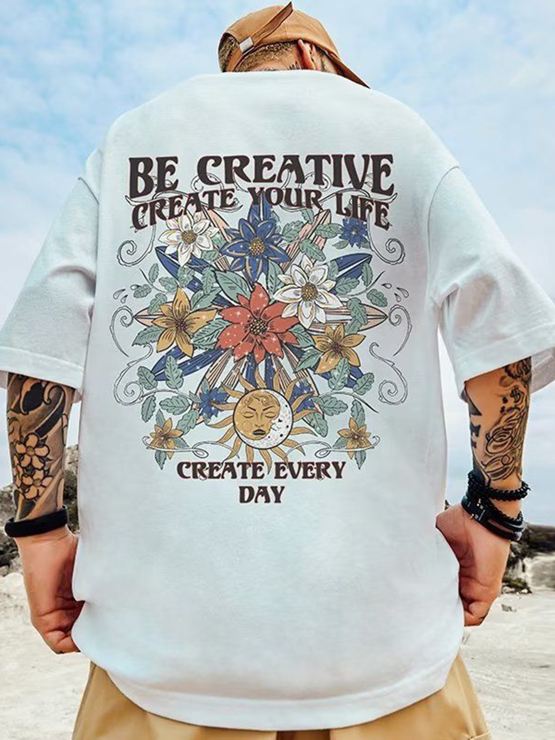 

HERE&NOW Men Floral Printed Round Neck Oversized T-shirt, White