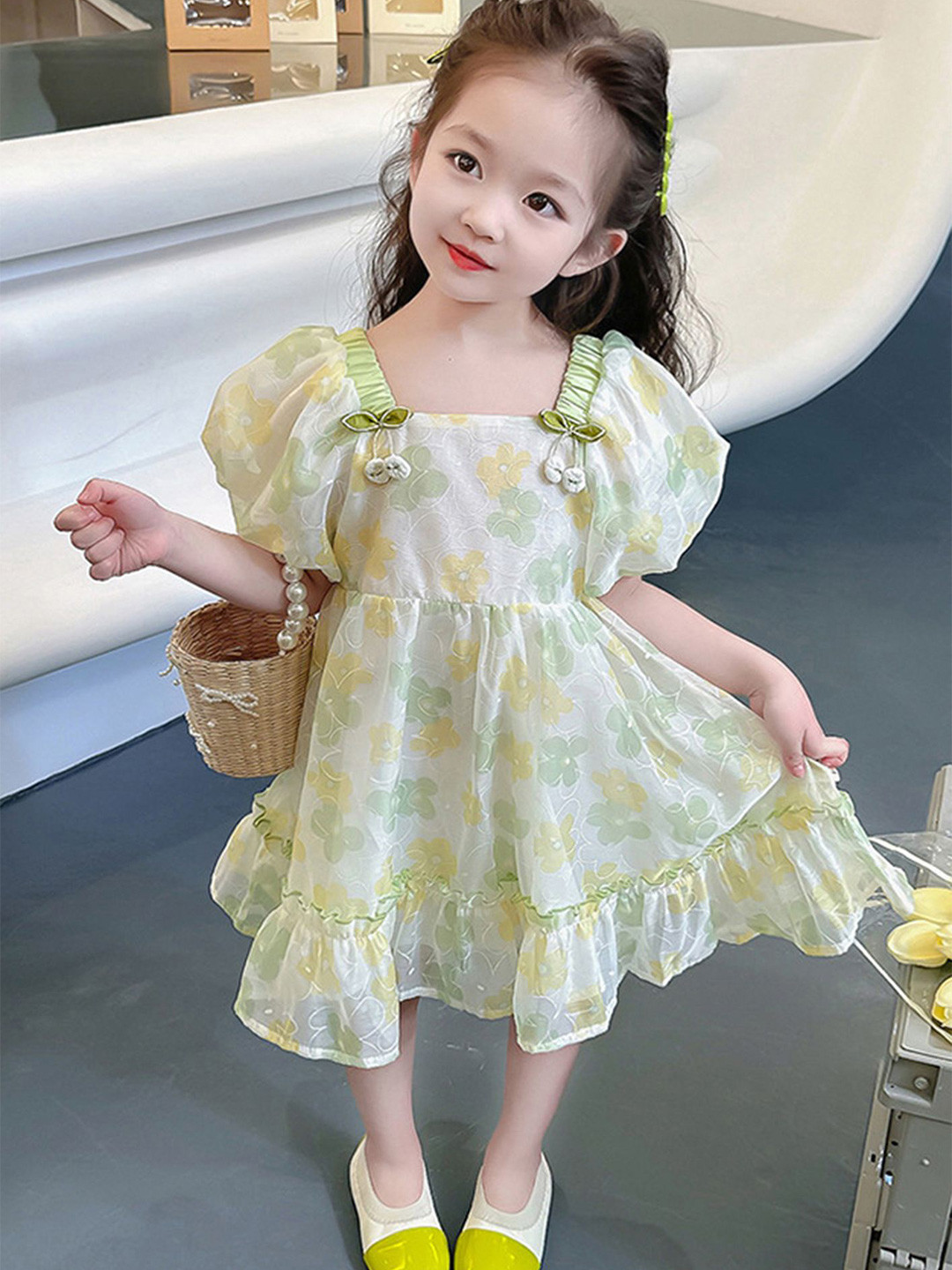 

LULU & SKY Girls Floral Printed Fit & Flare Dress, Green