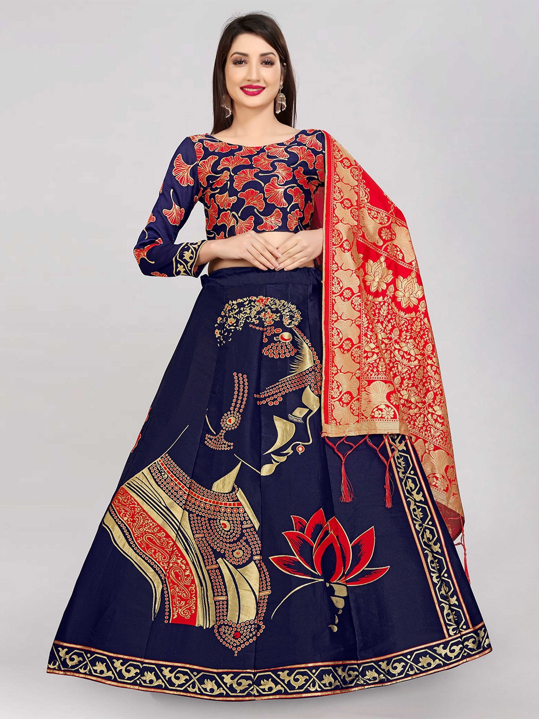 

DIVASTRI Woven Design Zari Printed Semi-Stitched Lehenga & Unstitched Blouse With Dupatta, Red