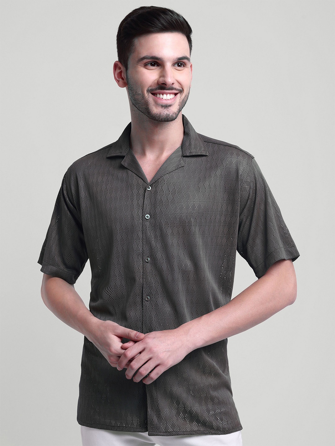 

Moda Rapido Men Classic Fit Cuban Collar Textured Cotton Casual Shirt, Black