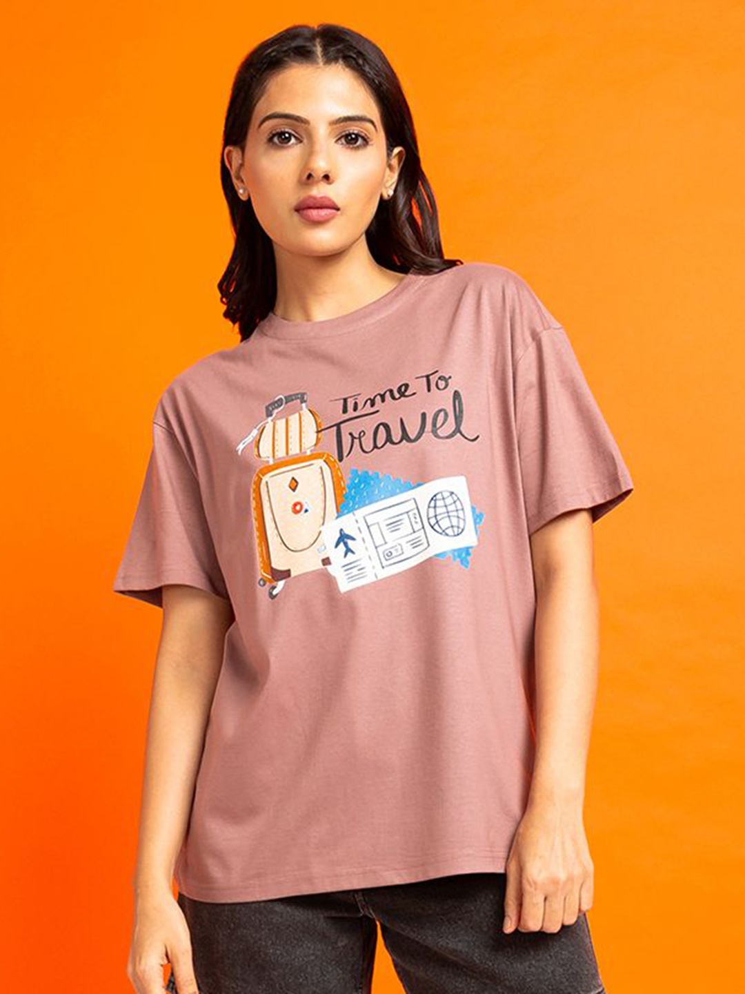 

Mast & Harbour Women Graphic Printed Round Neck Cotton T-shirt, Mauve