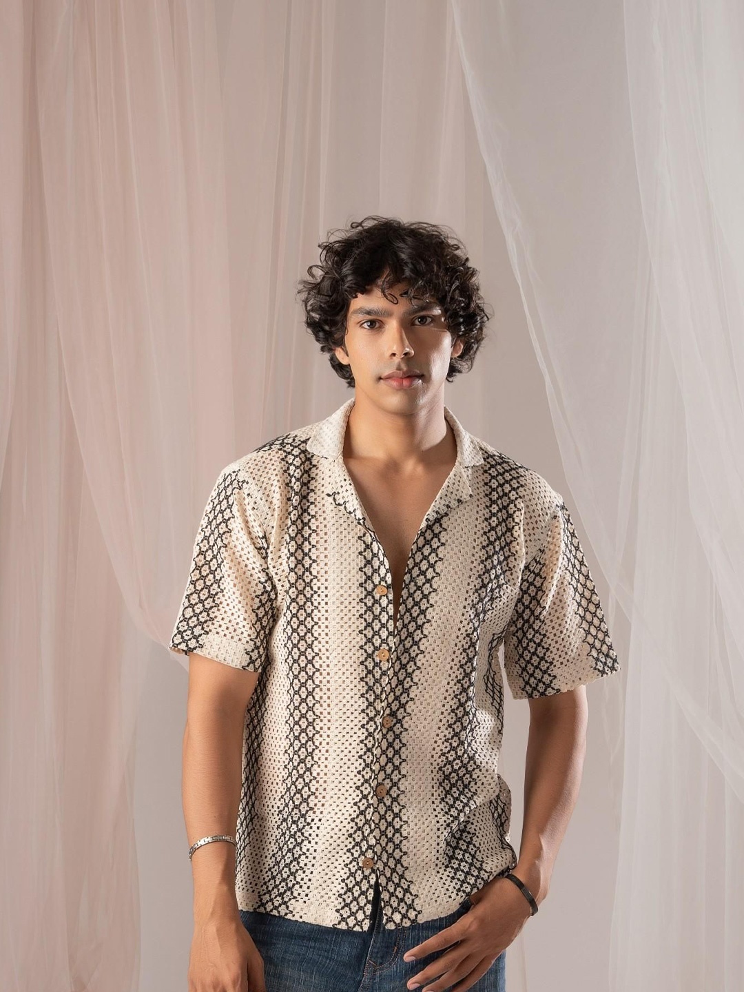 

5 Stitch Men Premium Opaque Casual Shirt, Cream