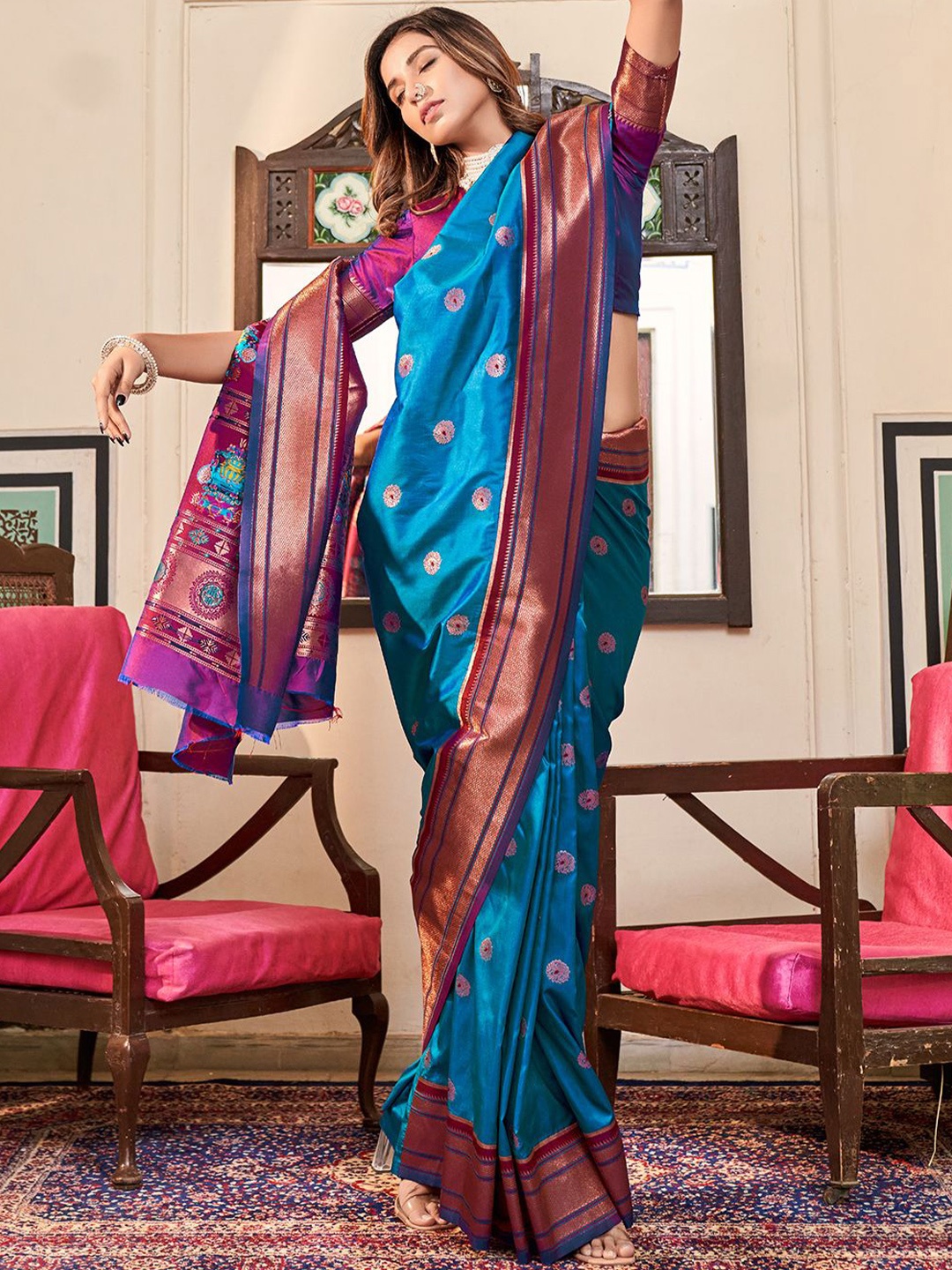 

DEVATITHI Blue Soft Paithani Silk Saree