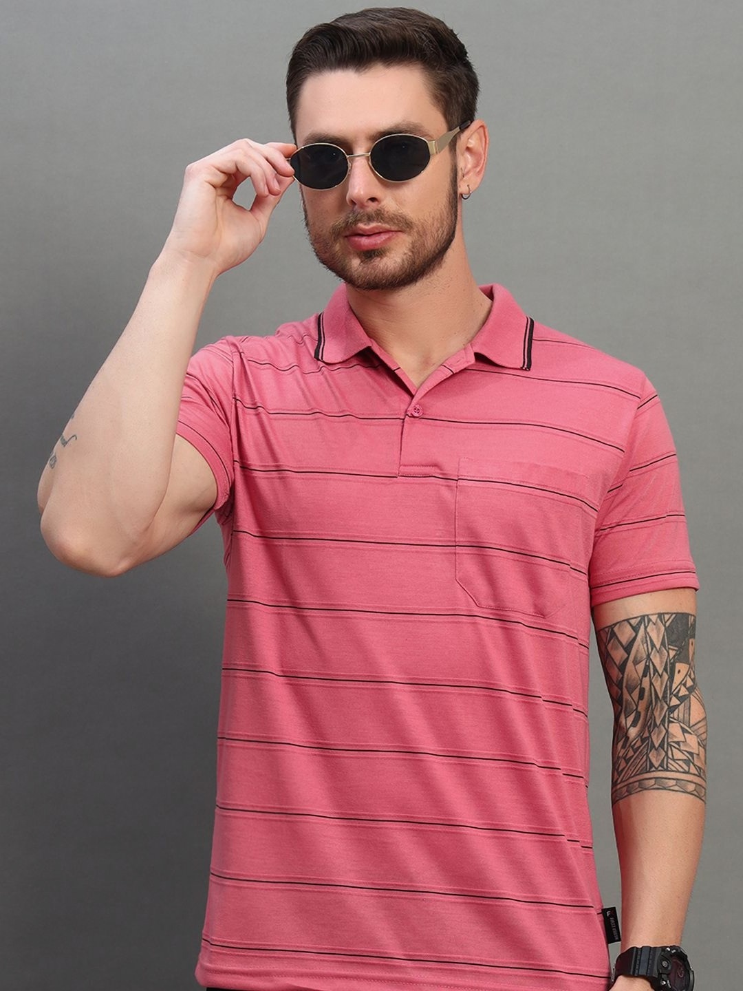

RENUOVO Men Striped Polo Collar Cotton Slim Fit T-shirt, Pink