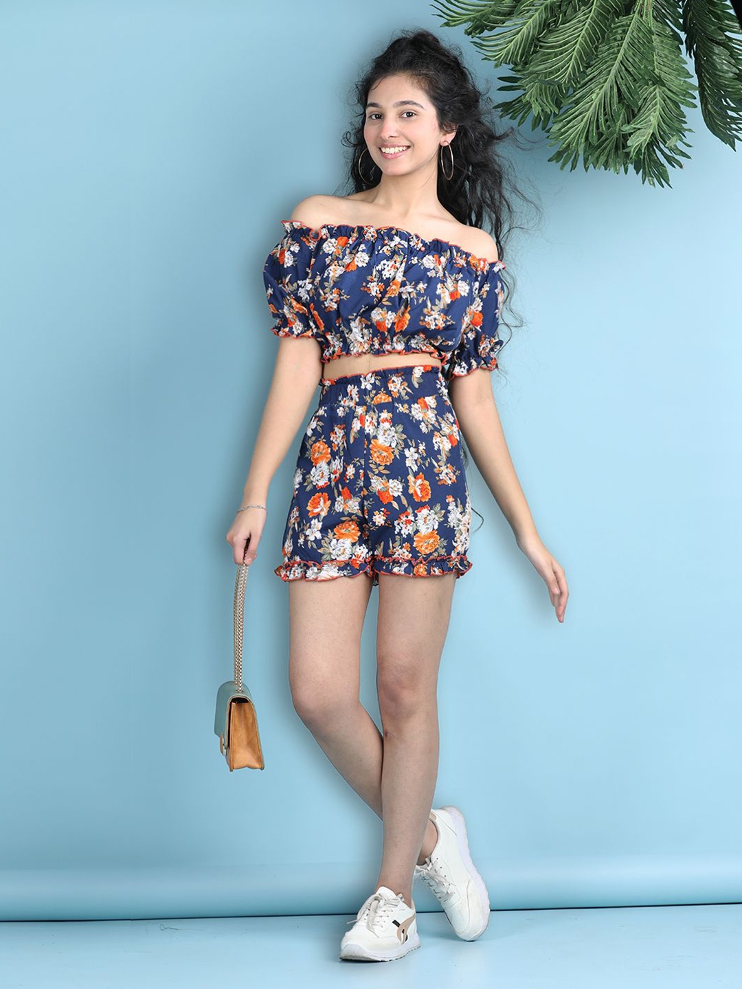 

Cutiekins Girls Printed Off-Shoulder Top With Shorts, Navy blue