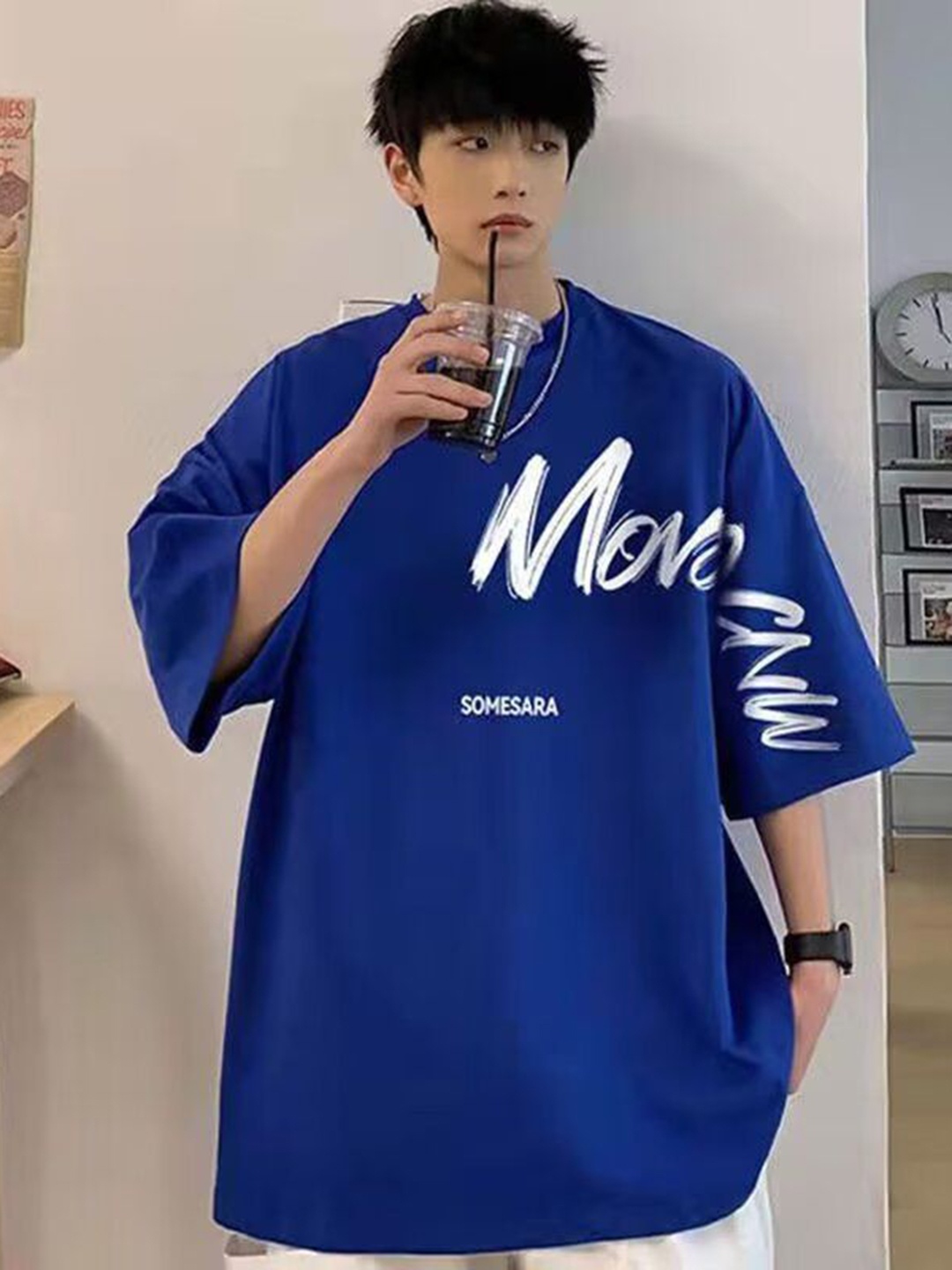 

HERE&NOW Men Typography Printed Round Neck Cotton Oversized T-shirt, Blue