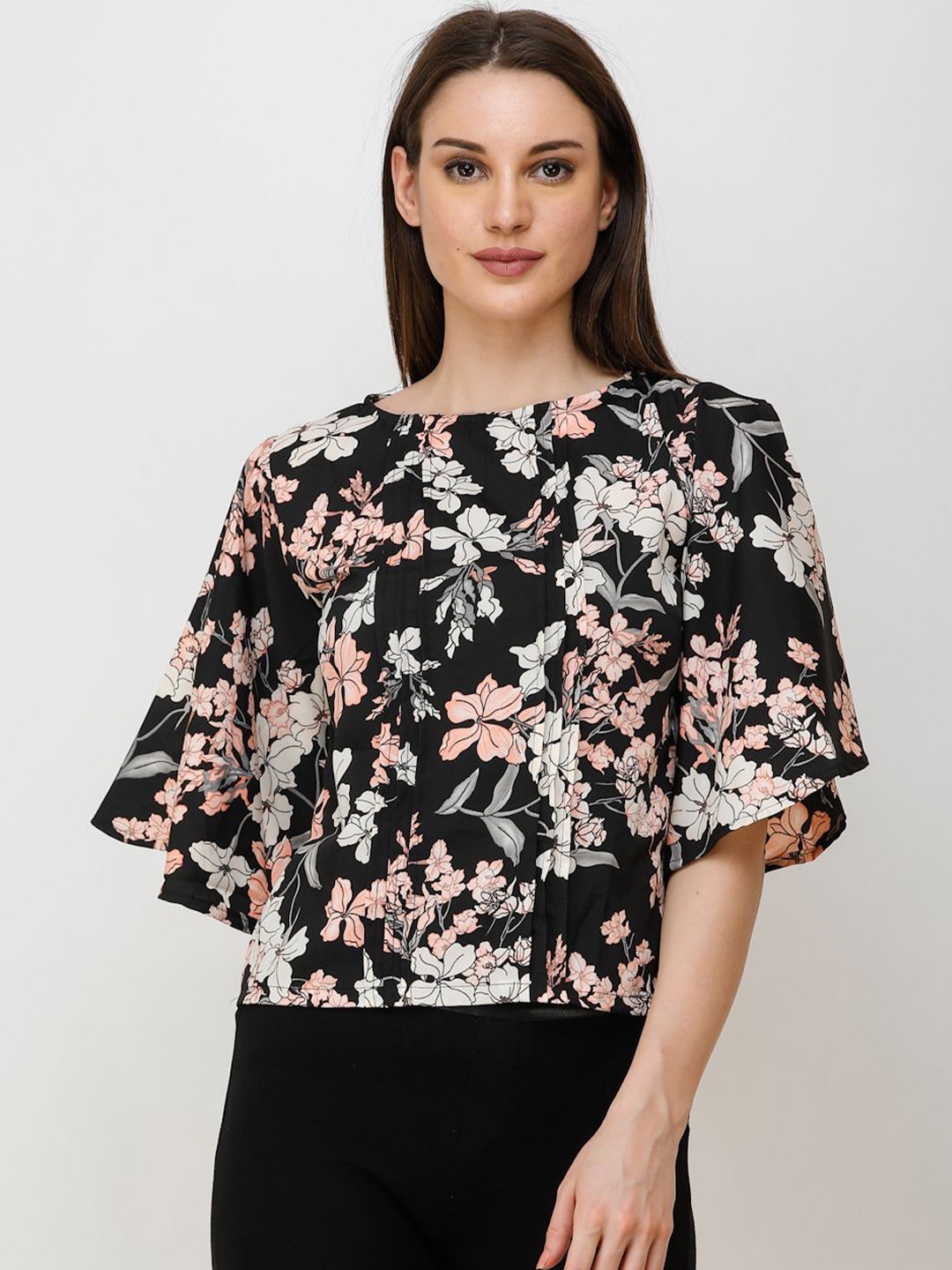 

Moda Rapido Floral Print Flared Sleeve Crepe Top, Black