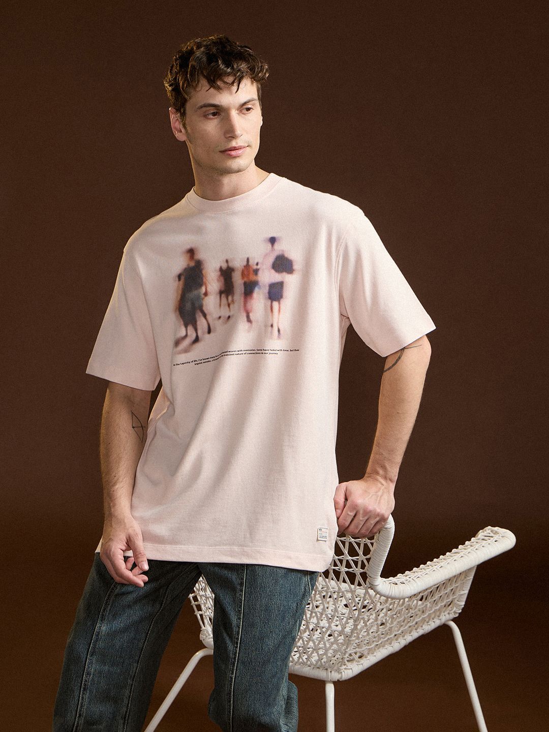 

THE BEAR HOUSE Men Graphic Printed Round Neck Cotton Oversized T-shirt, Peach
