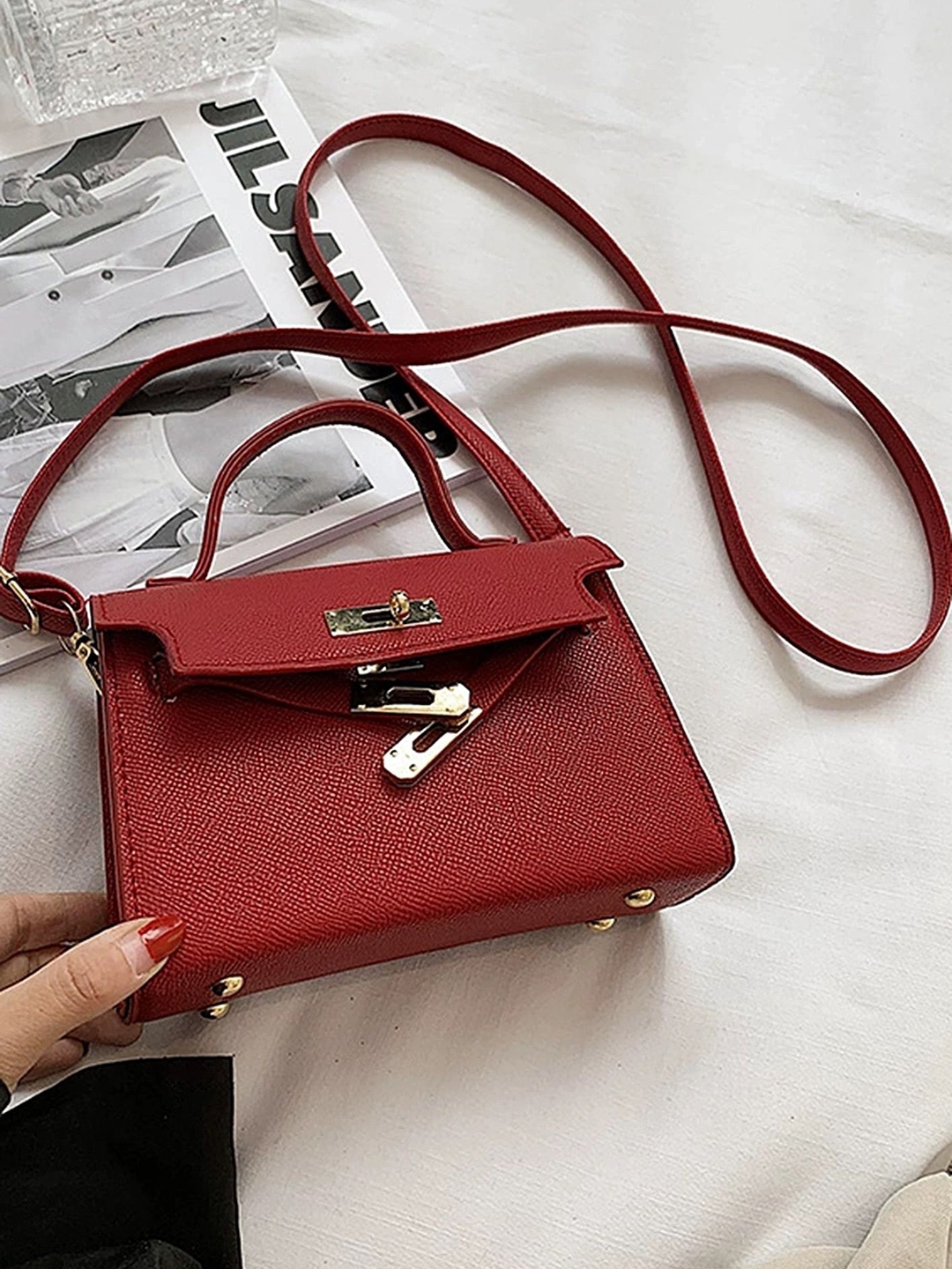 

LULU & SKY PU Bucket Handheld Bag with Cut Work, Red
