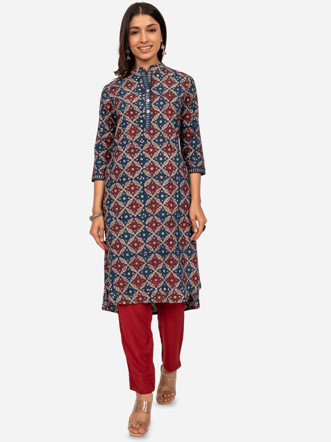

INDIE JHOLA Geometric Printed Band Collar Pure Cotton Straight Kurta, Maroon