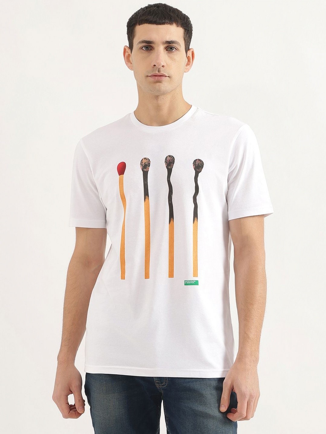 

United Colors of Benetton Men Relaxed Fit Graphic Printed Round Neck Cotton T-shirt, White