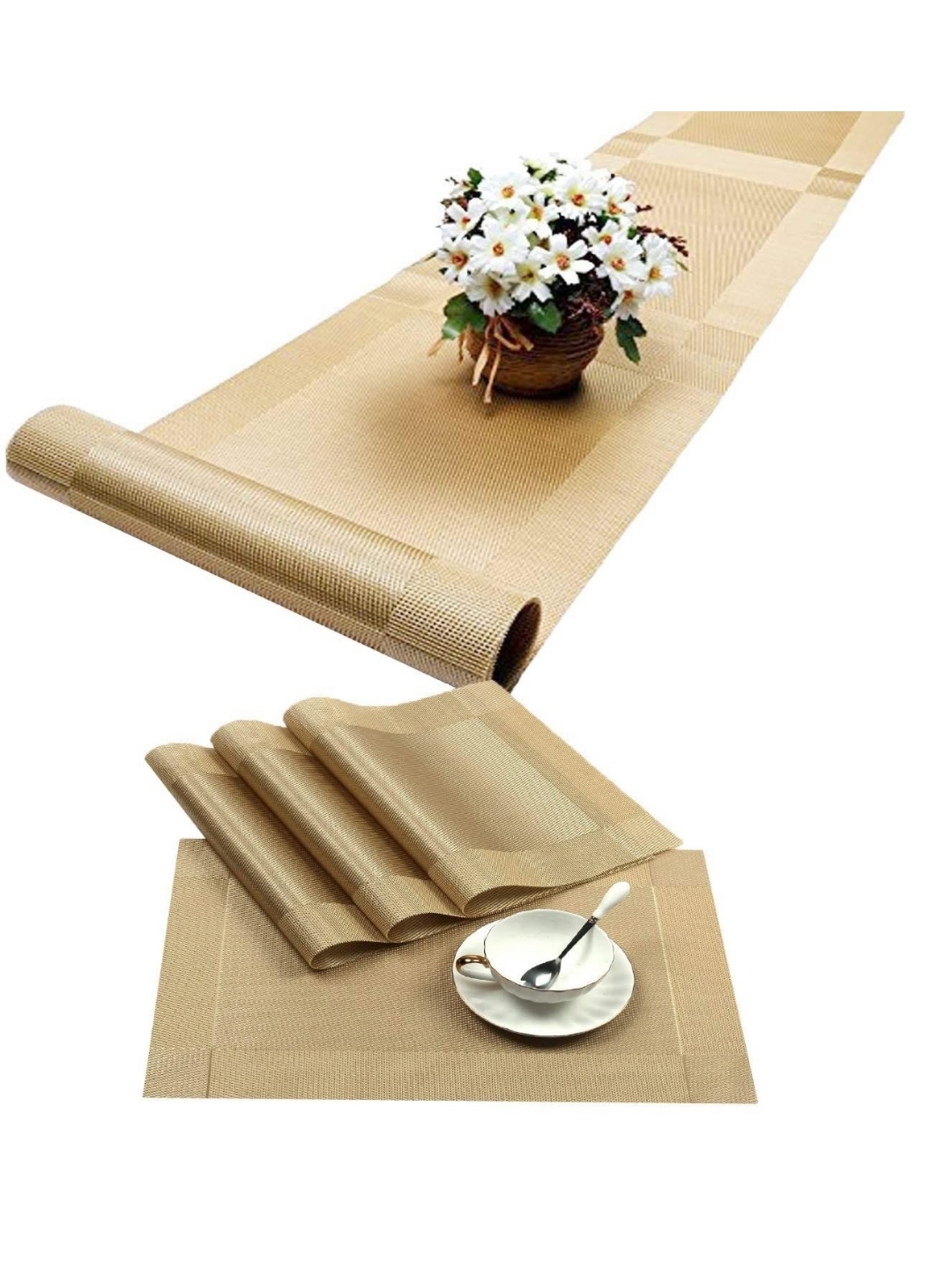 

Baskety 5Pc Yellow Heat Resistant Placemats & Table Runner Set, Gold