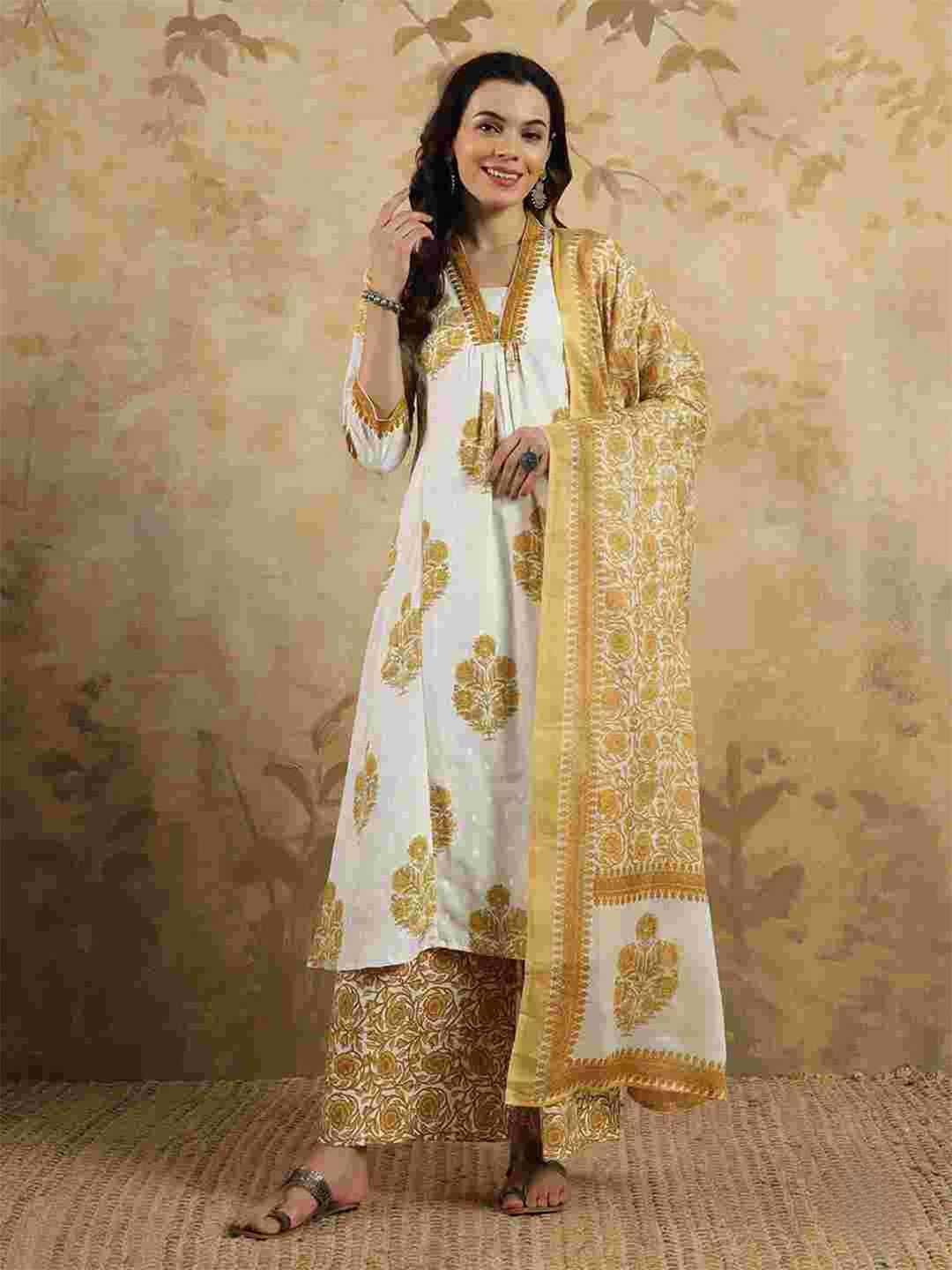 

ODETTE Floral Printed Panelled A-Line Kurta with Trousers & Dupatta, Off white