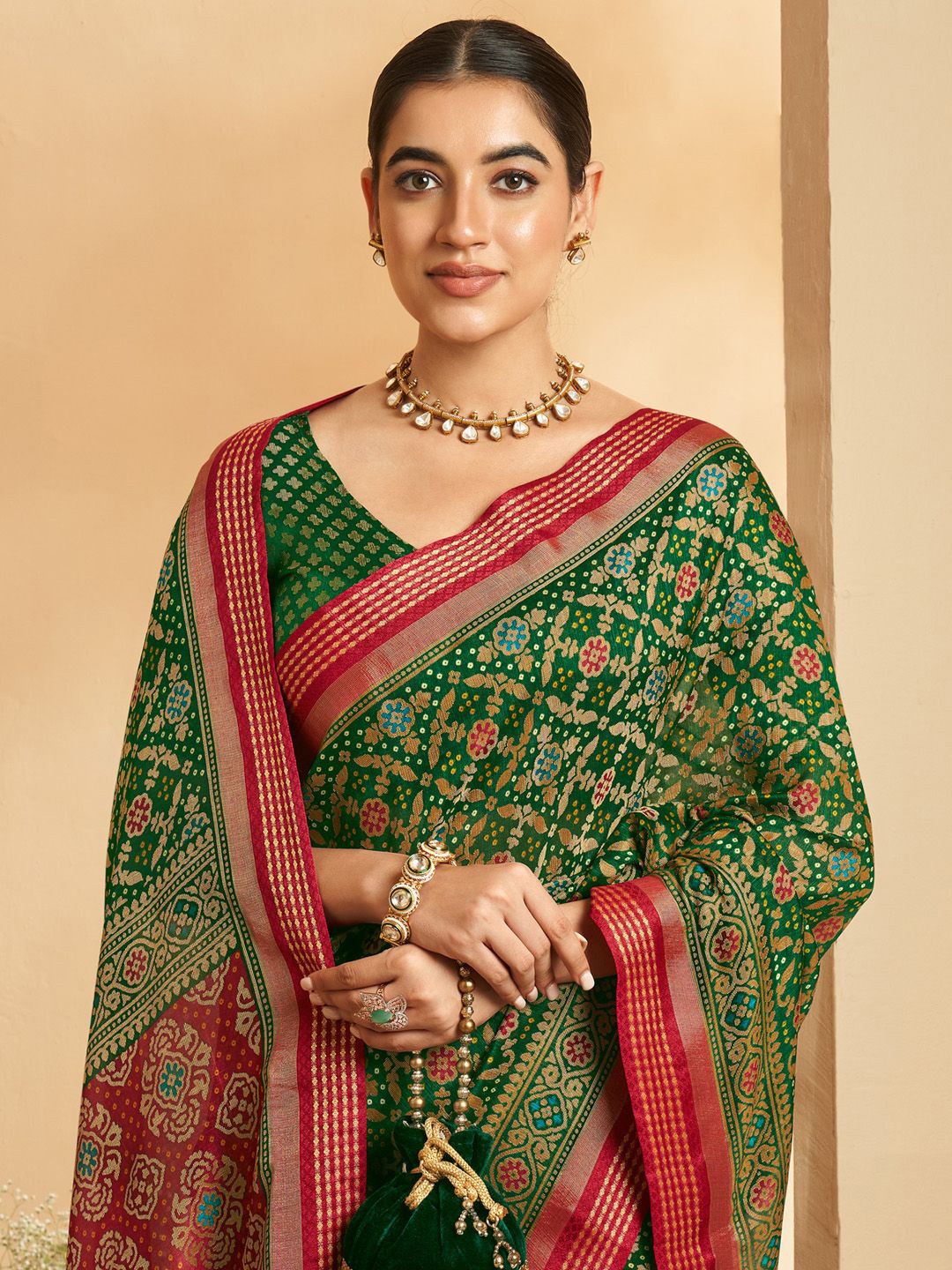 

Anouk Ethnic Motifs Zari Poly Georgette Saree, Green