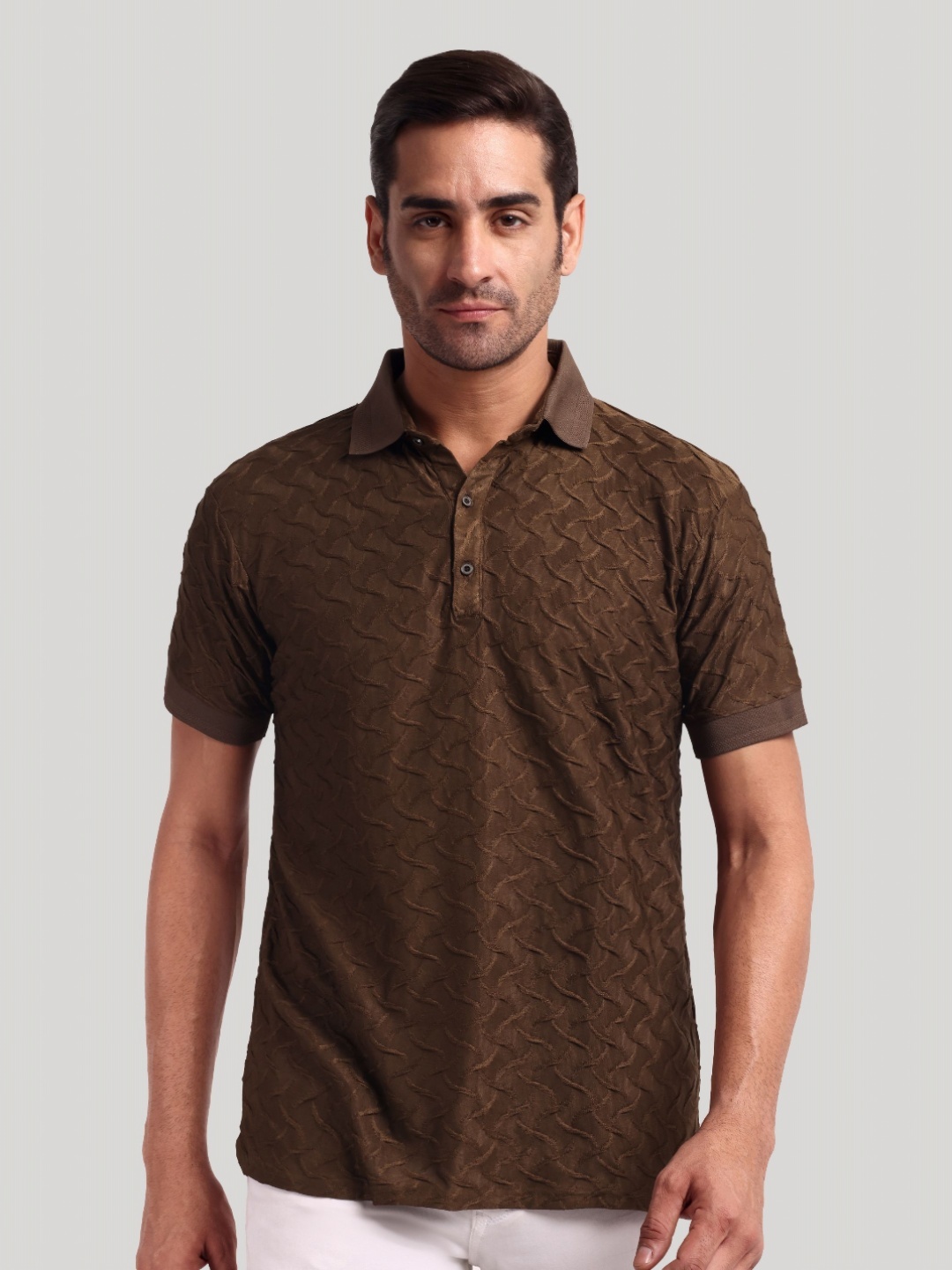

Moda Rapido Men Self Design Polo Collar Cotton T-shirt, Brown