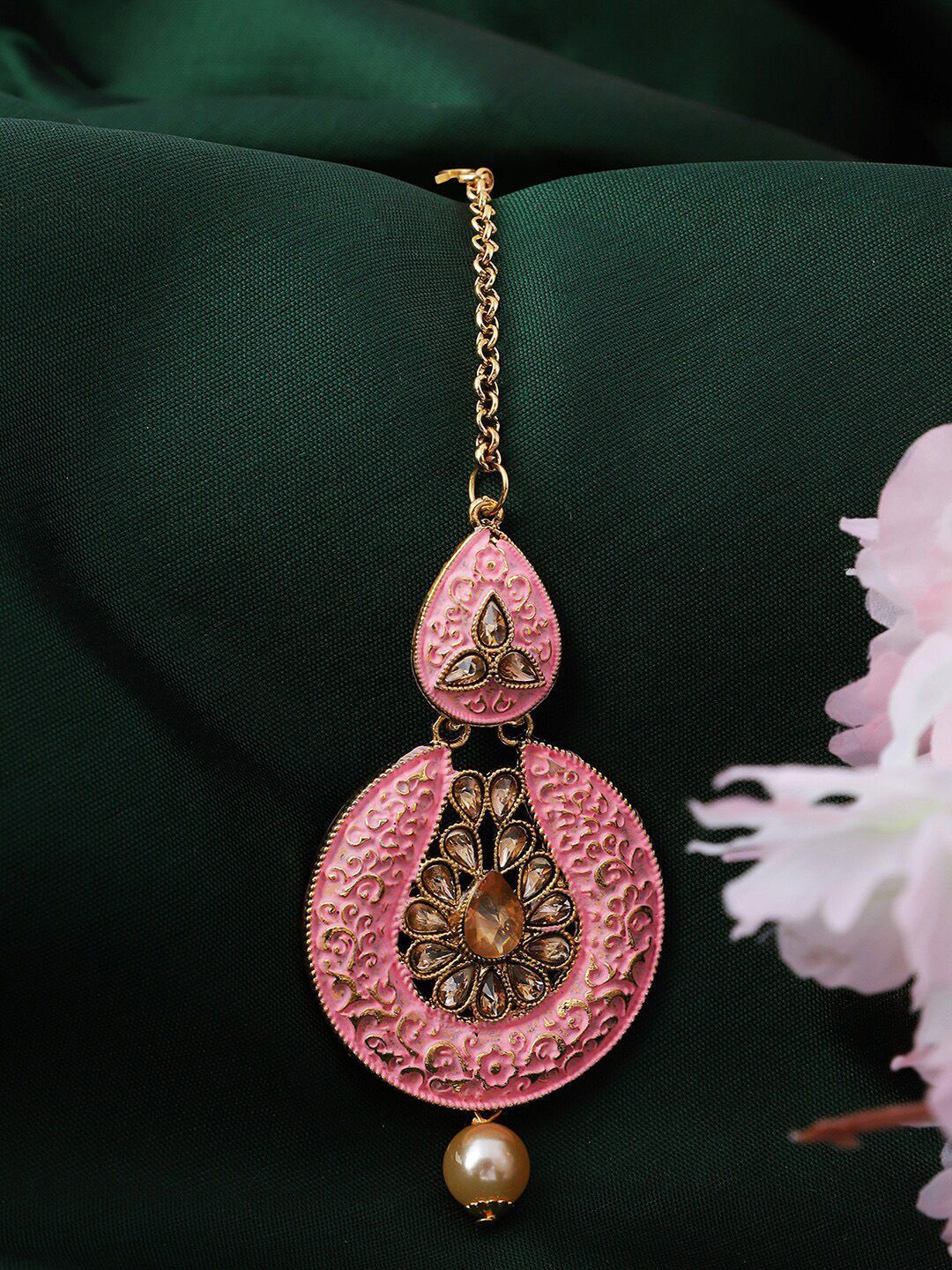 

Anouk Gold-Plated Stone Studded & Beaded Meenakari Maang Tikka, Pink