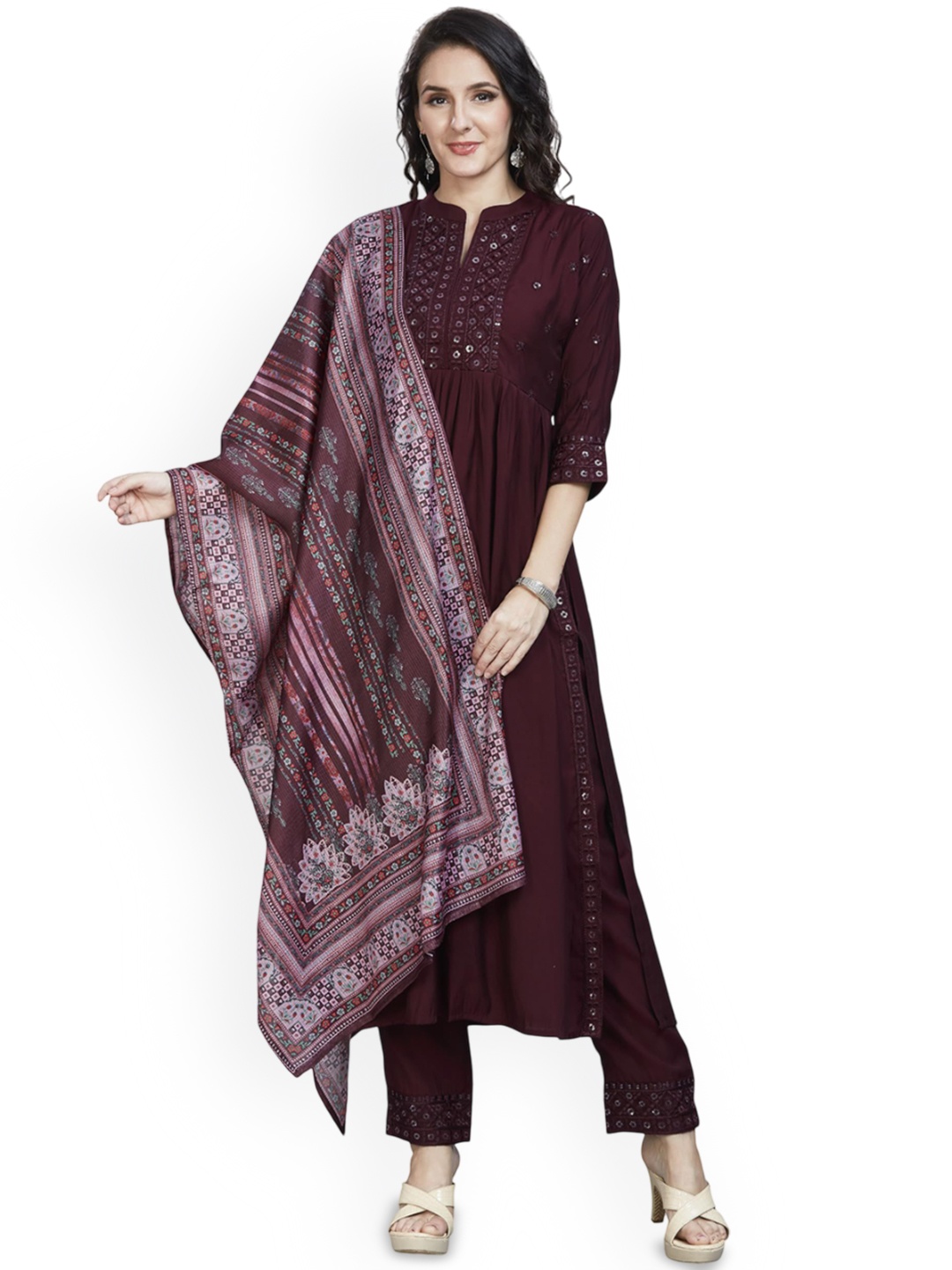 

Nioni Yoke Design Mandarin Collar Chanderi Cotton A-Line Kurta With Trousers & Dupatta, Burgundy