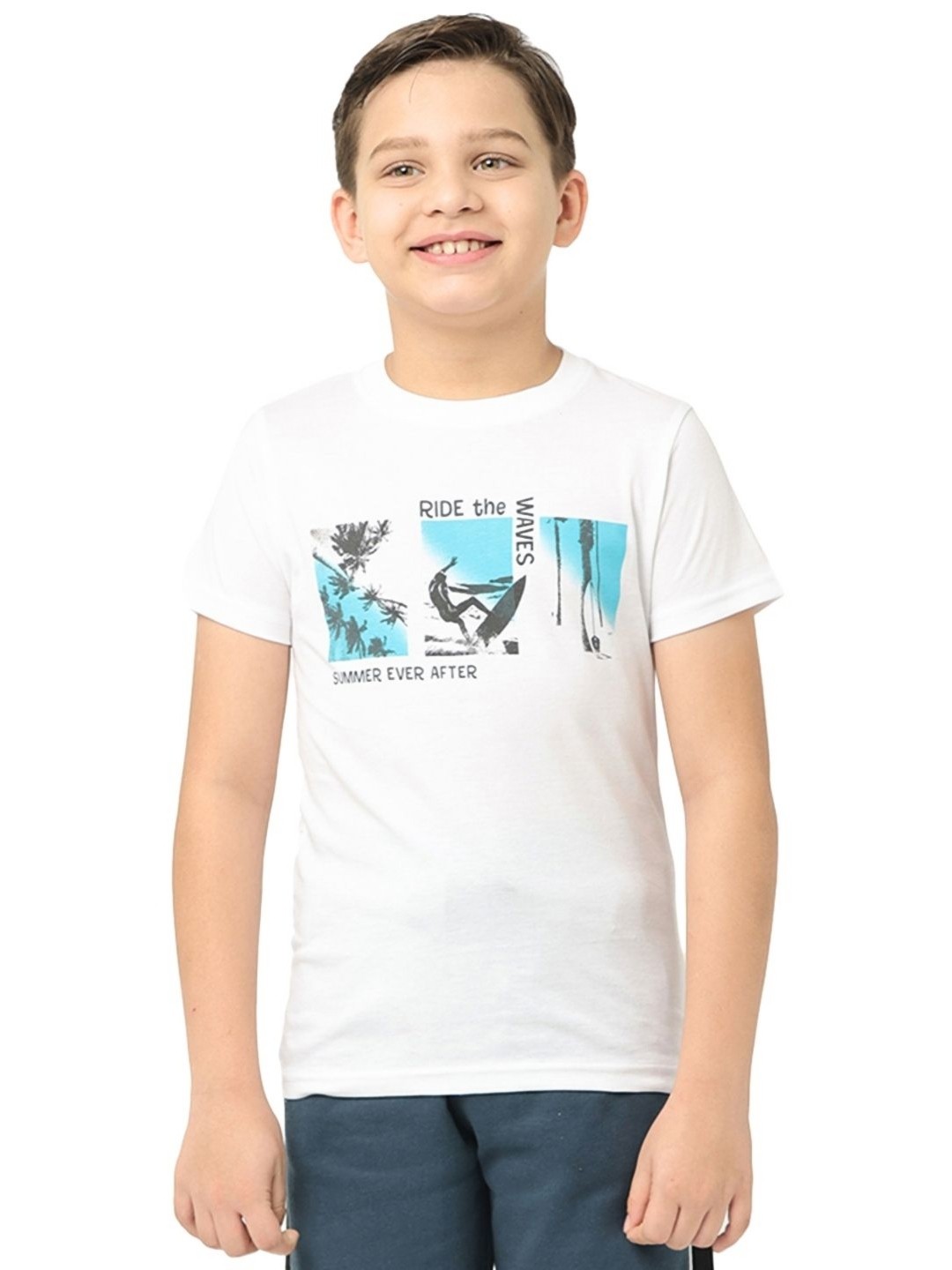 

Nuego Boys Graphic Printed Bio Finish Round Neck Half Sleeve Cotton T-shirt, White