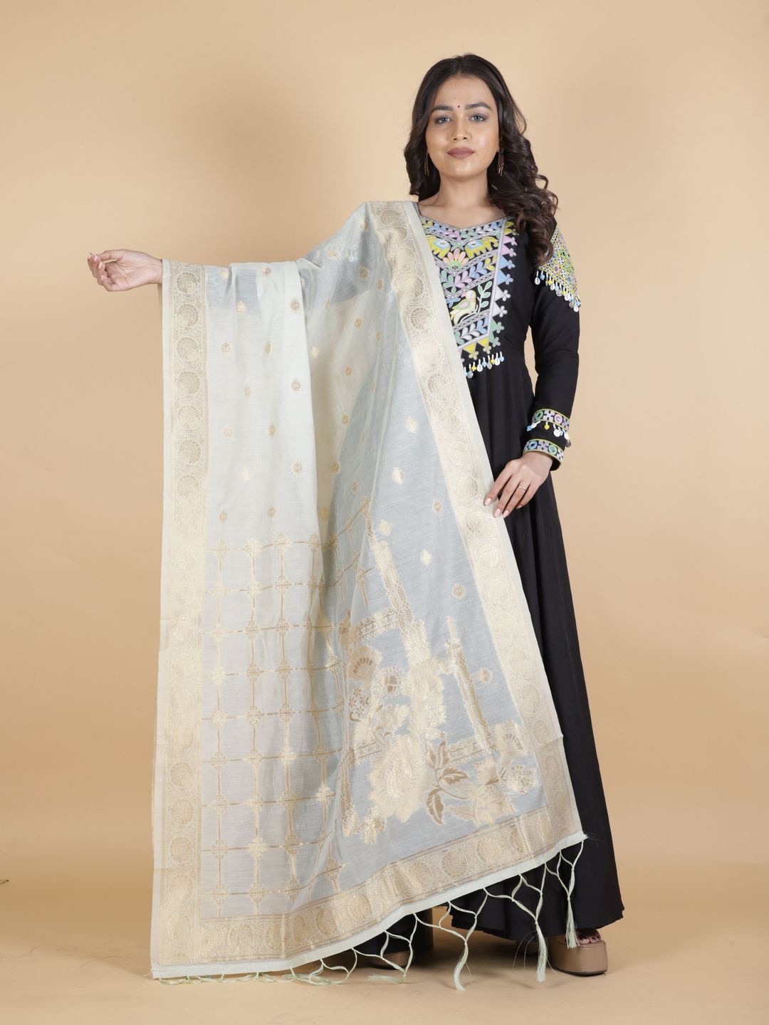 

Suha Ethnic Motifs Woven Design Dupatta With Zari, White