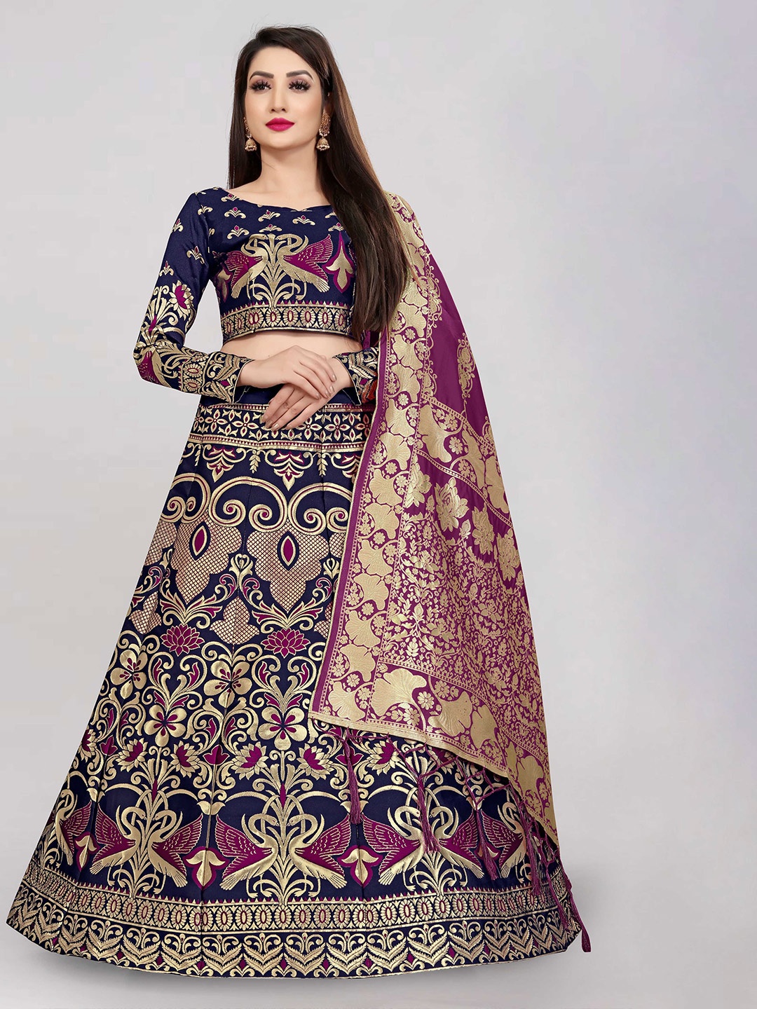 

DIVASTRI Floral Woven Design Jacquard Semi-Stitched Lehenga & Unstitched Blouse & Dupatta, Purple