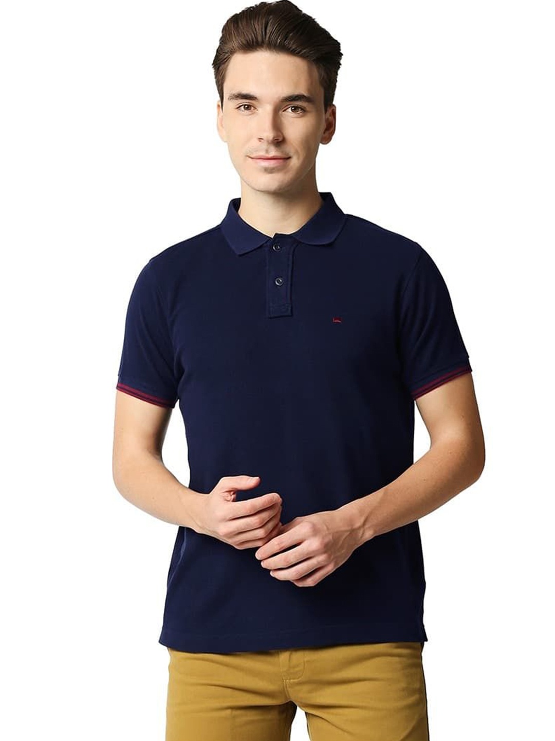 

Basics Men Solid Polo Collar Cotton T-shirt, Navy blue