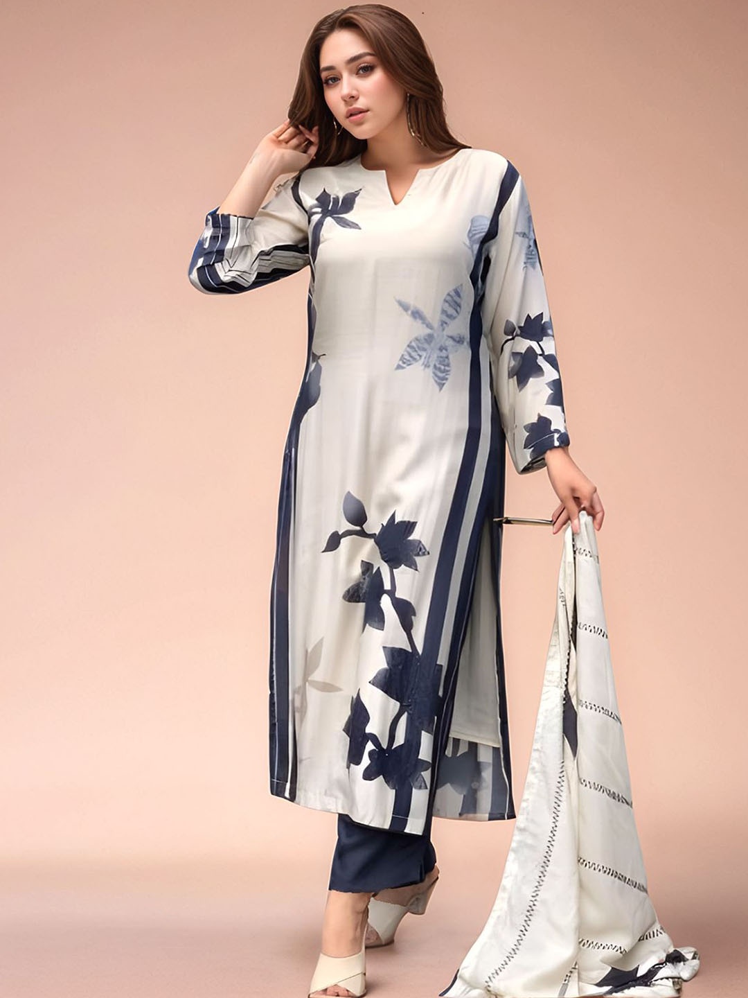 

Siya Fashion Floral Embroidered Notch-Neck Straight Kurta With Trousers And Dupatta, White