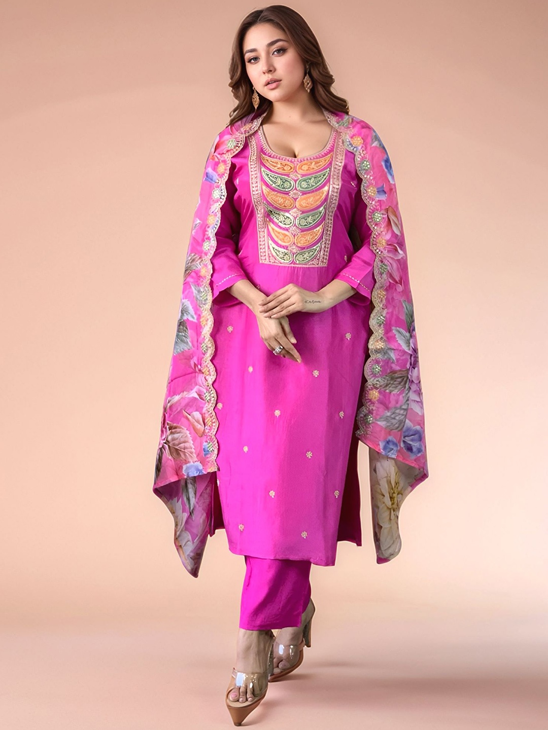 

Siya Fashion Floral Embroidered Straight Thread Work Kurta With Trousers And Dupatta, Pink