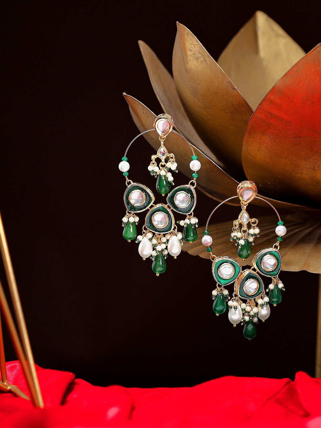 

AARSEE OFFICIAL Gold-Plated Quartz Studded Contemporary Shaped Drop Earrings, Green