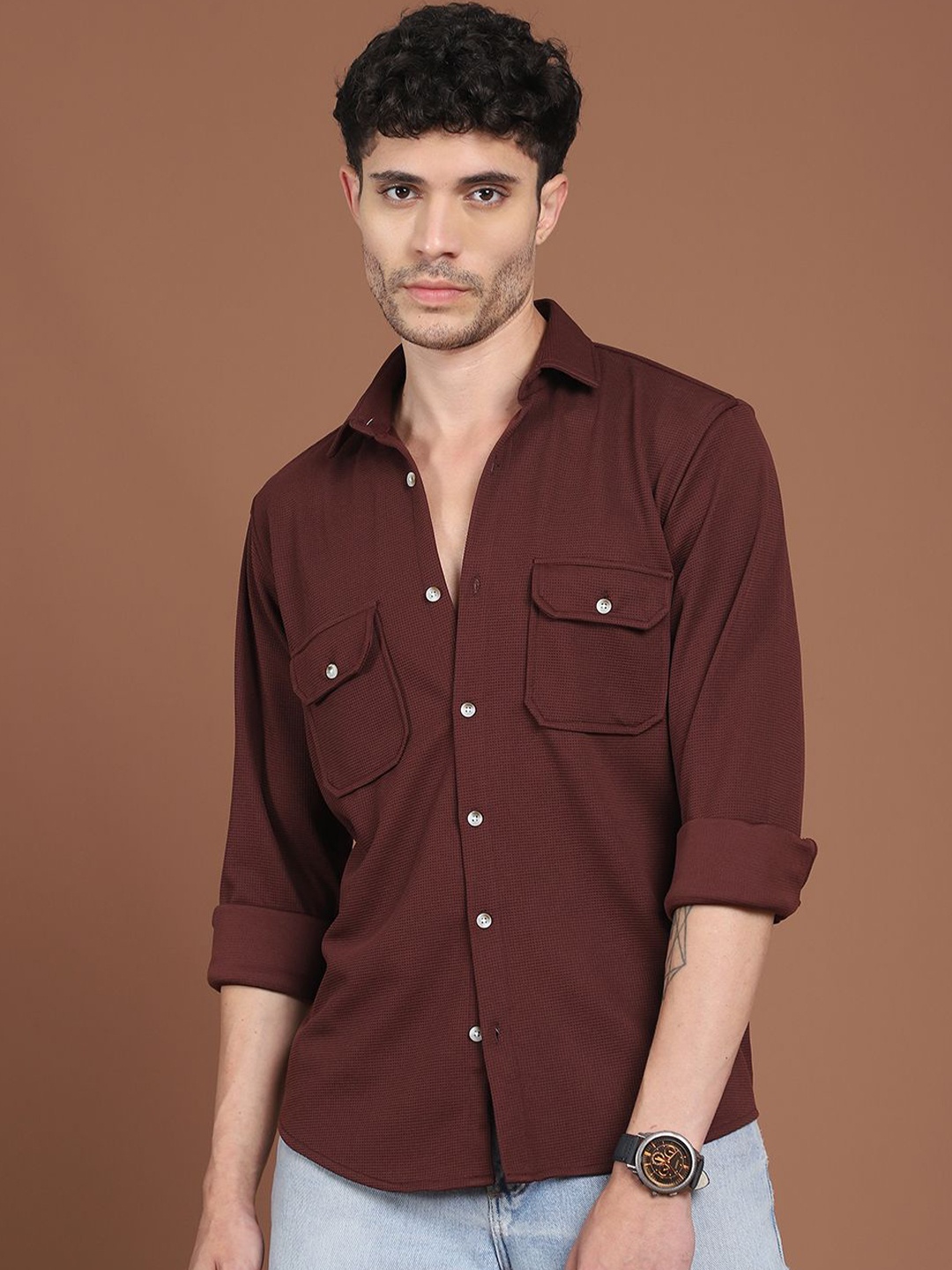 

Indian Needle Men Classic Opaque Casual Shirt, Coffee brown