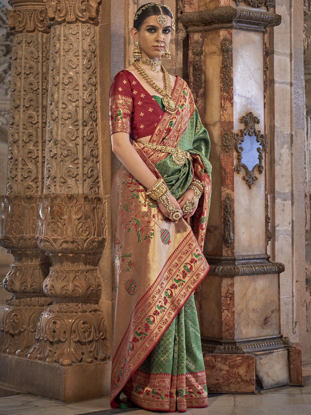 

MAHALASA Woven Design Pure Silk Paithani Saree, Green