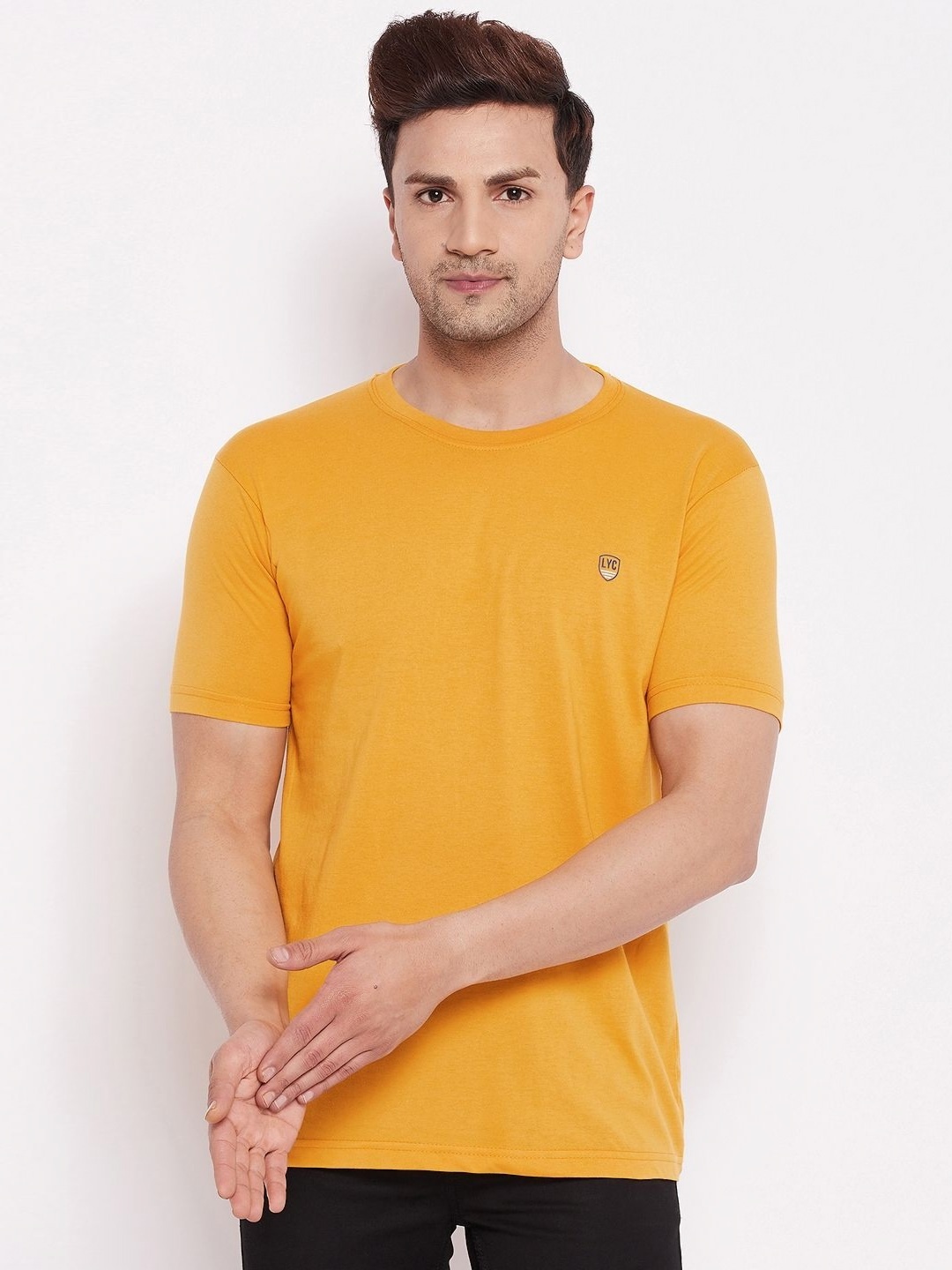 

LYCOS Men Solid Round Neck Cotton T-shirt, Mustard