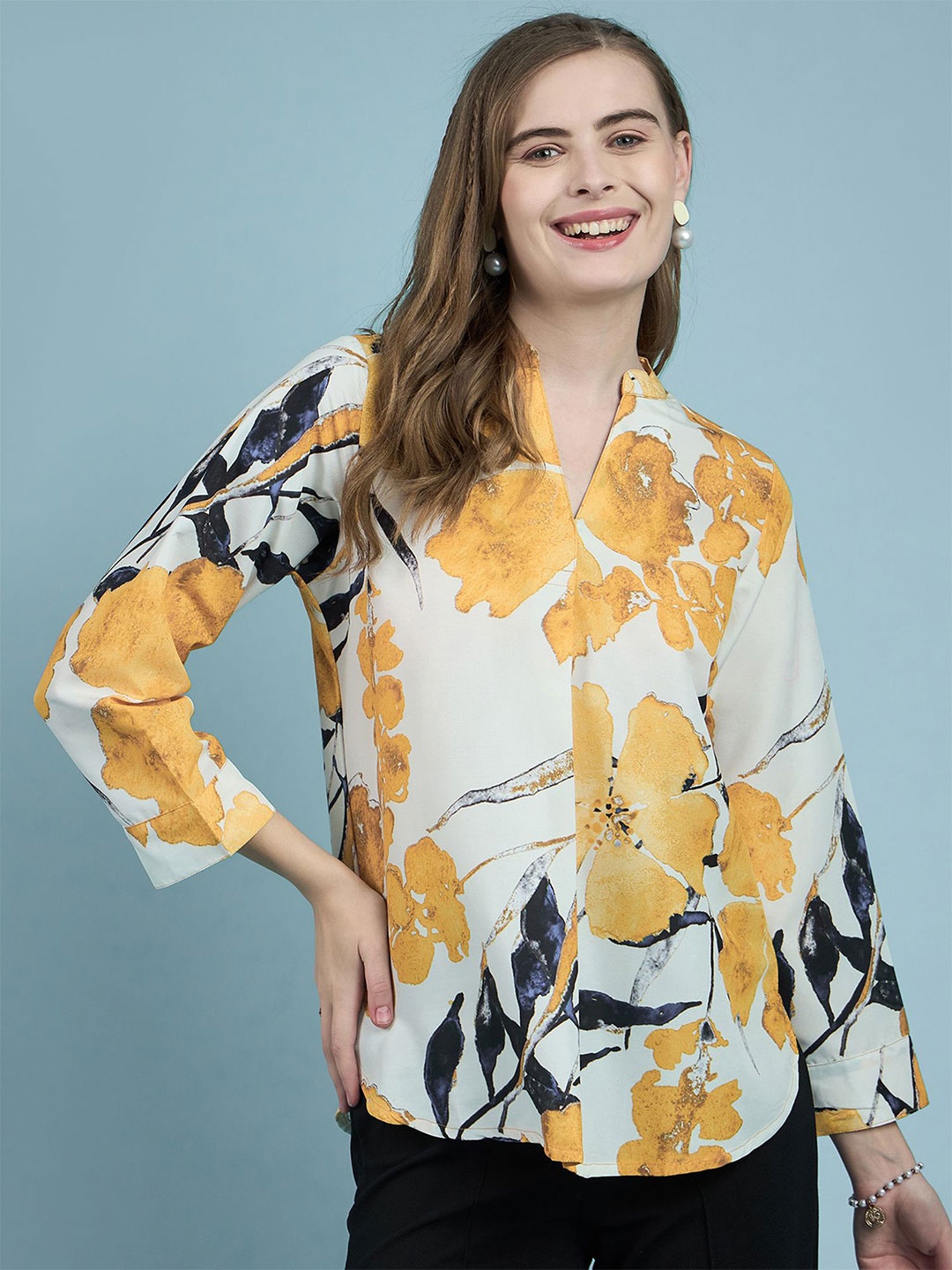 

DressBerry Floral Print Mandarin Collar Top, Yellow