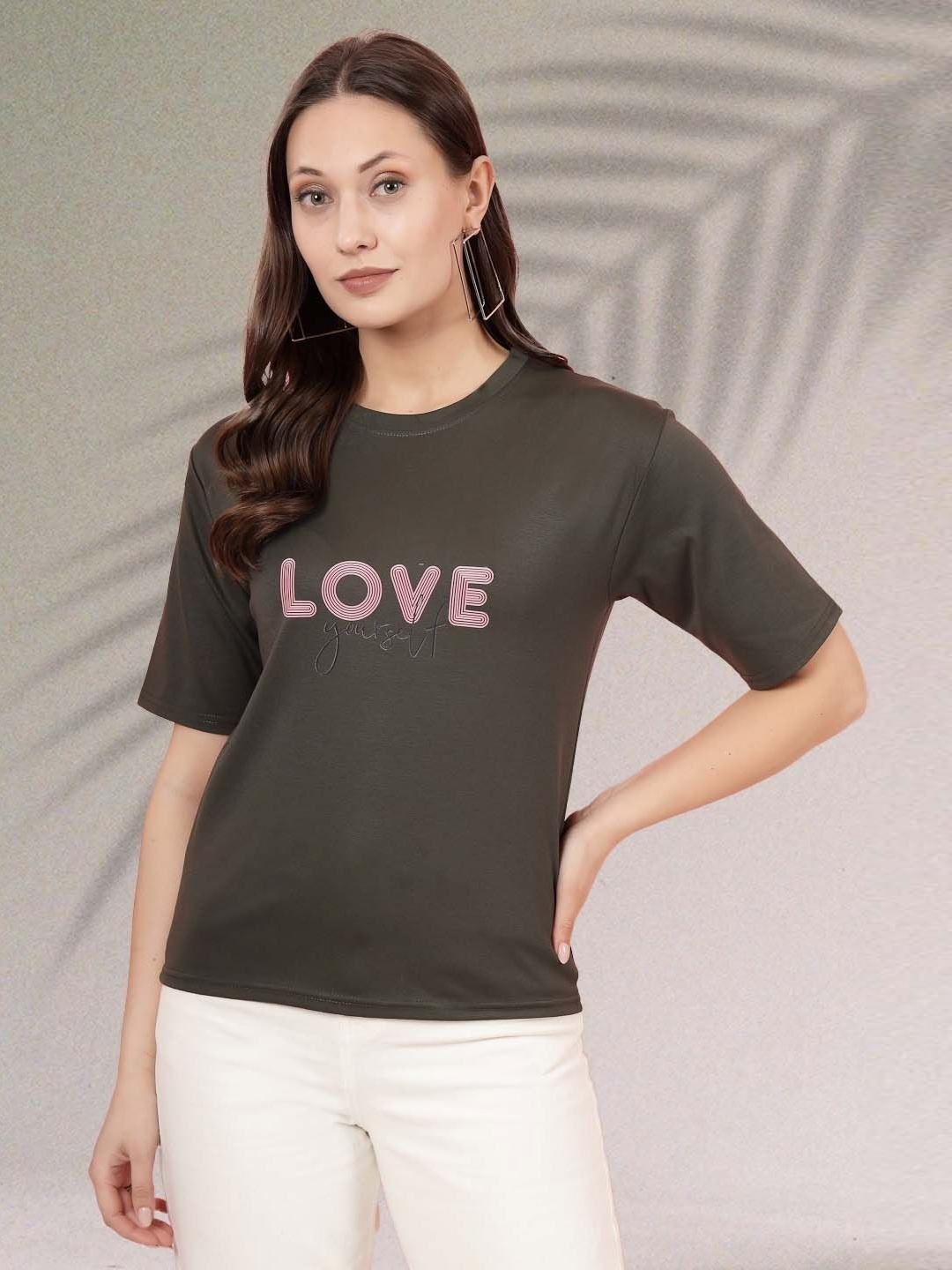 

Moda Rapido Women Typography Printed Round Neck Regular Fit T-shirt, Olive