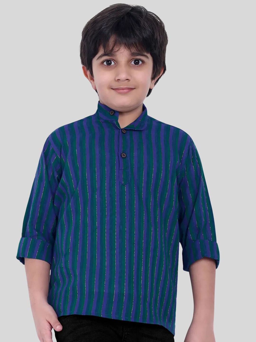 

MOSHI Boys Striped Band Collar Pure Cotton Straight Short Kurta, Green