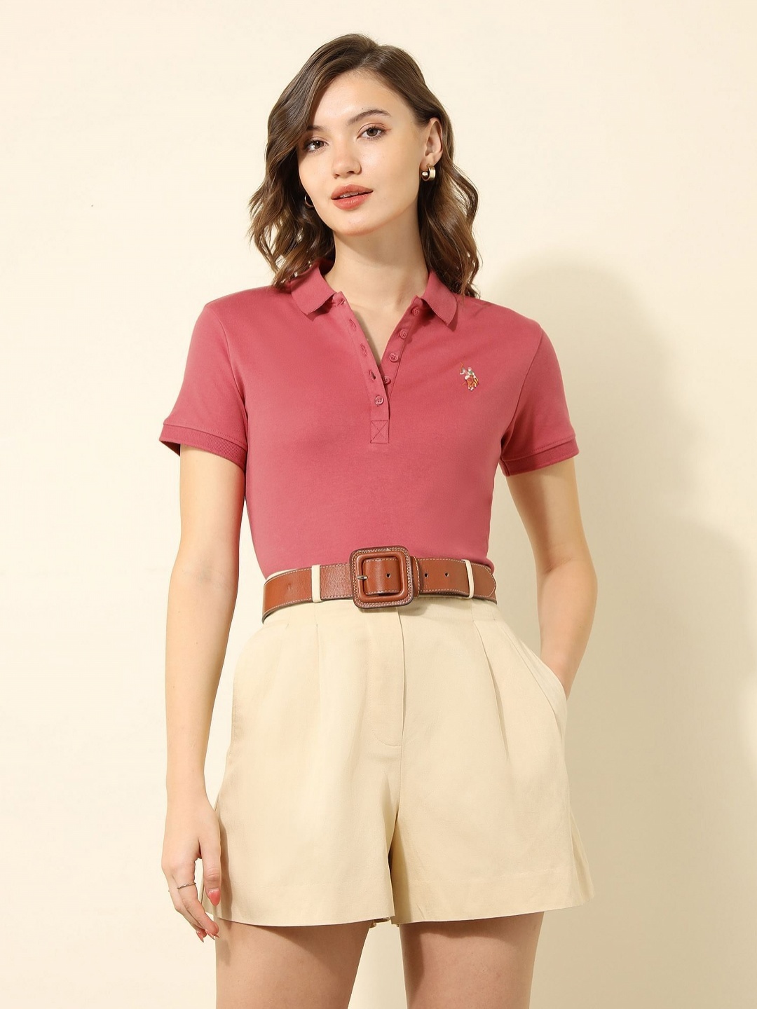 

U.S. Polo Assn. Women Solid Polo Collar Regular Fit Cotton T-shirt, Pink