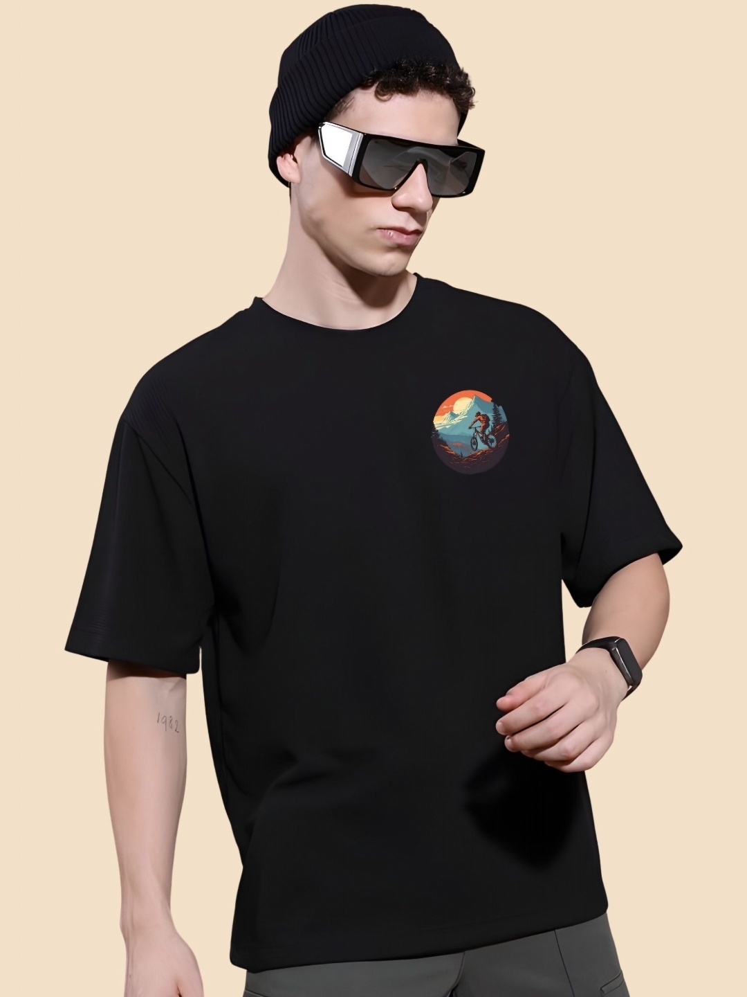 

SZN Men Graphic Printed Round Neck Cotton Oversized T-shirt, Black