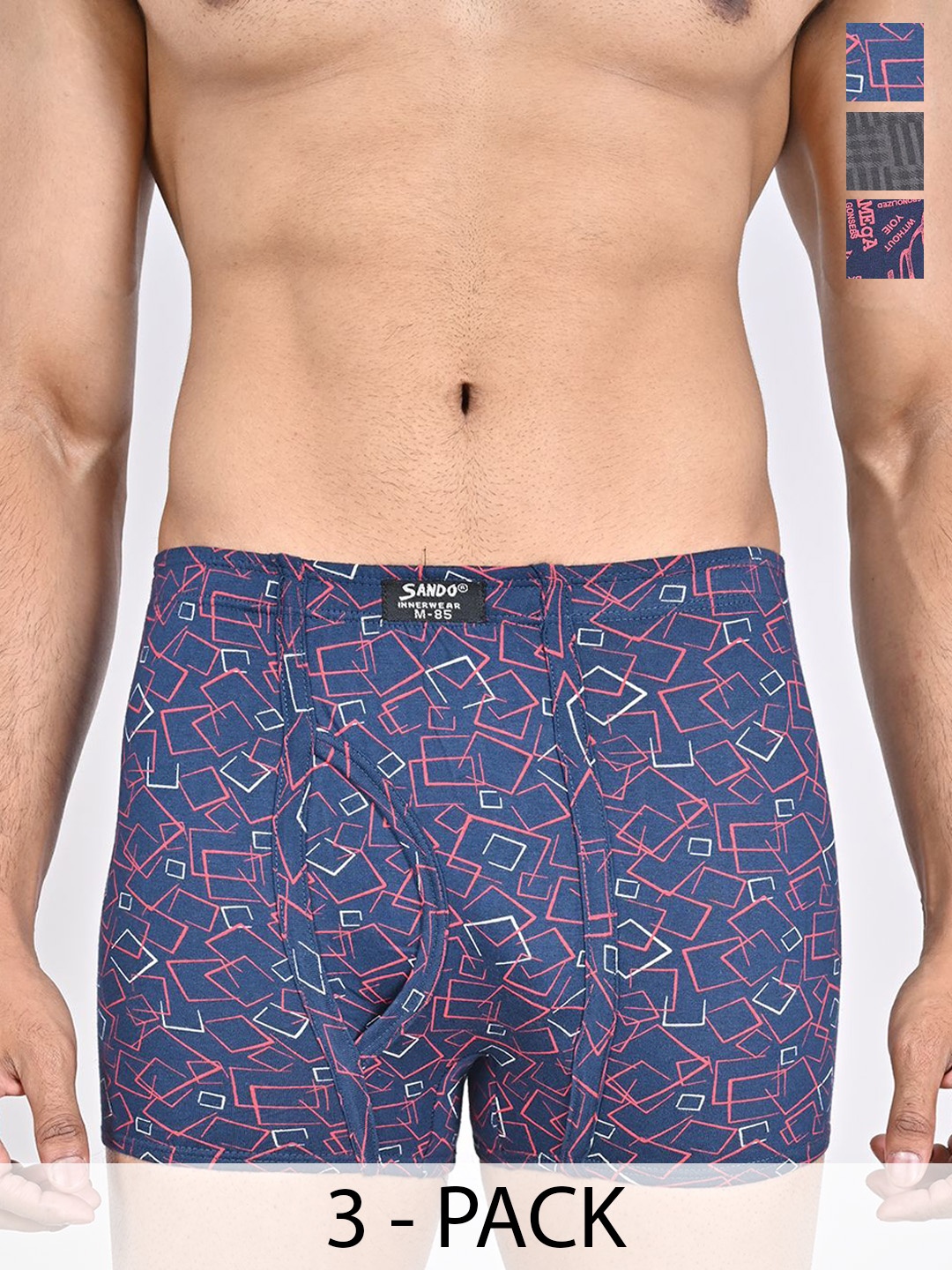 

SANDO Pack Of 3 Printed Cotton Trunks GENIUS-03-08-09, Blue