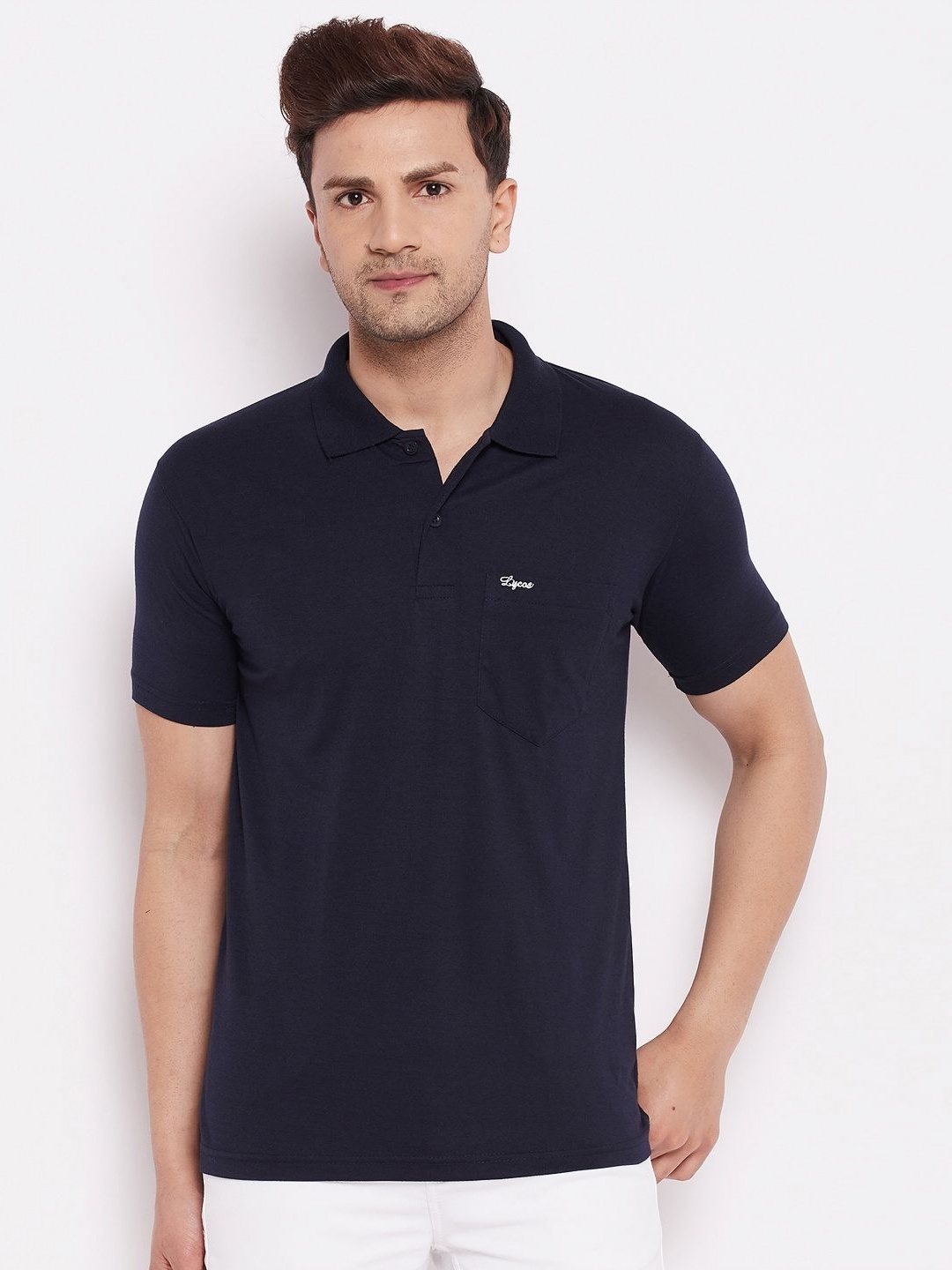 

LYCOS Men Solid Polo Collar Cotton T-shirt, Navy blue