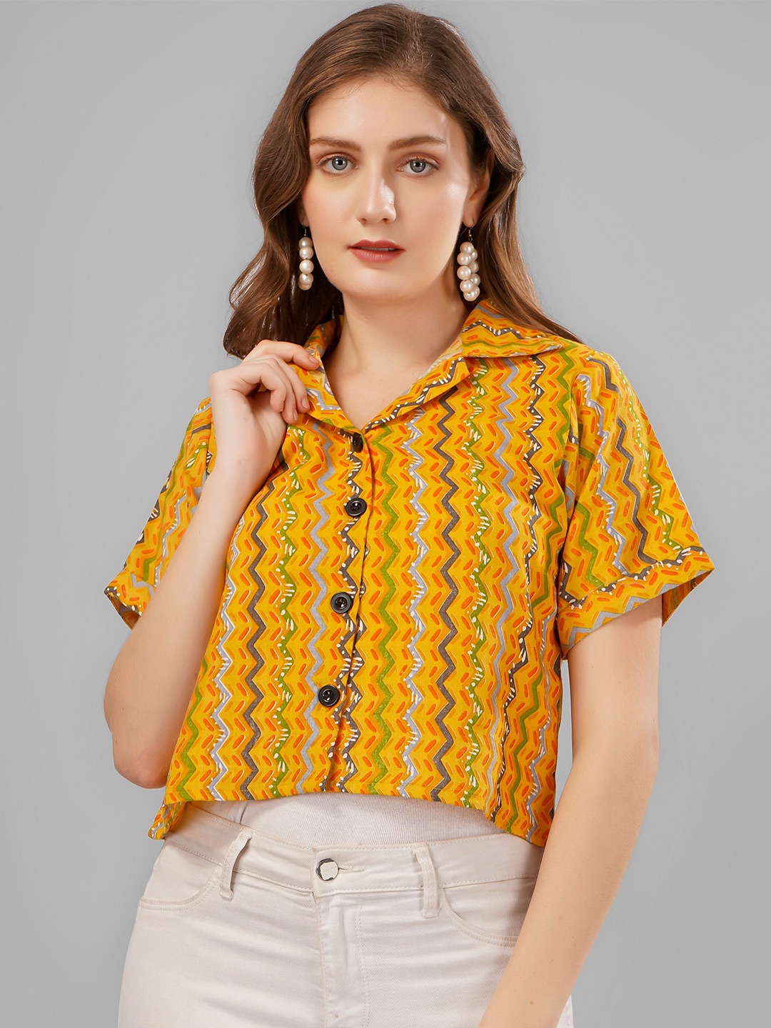 

Milastru Cotton Printed Party Crop Shirt, Yellow