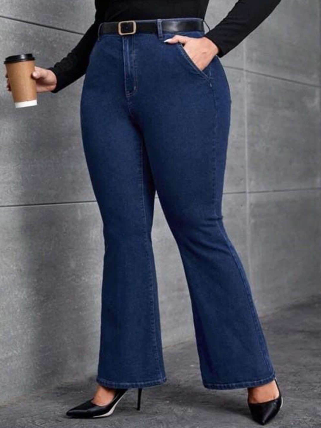 

Next One Women Cotton Plus Size Smart Bootcut High-Rise Stretchable Jeans, Navy blue