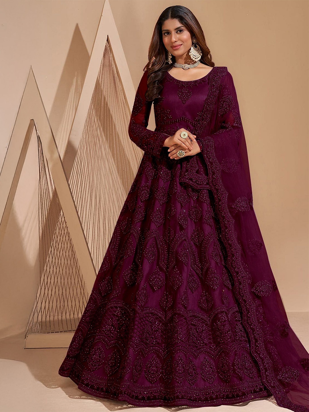 

LADY SHOPI Women Floral Embroidered Gown With Dupatta, Purple