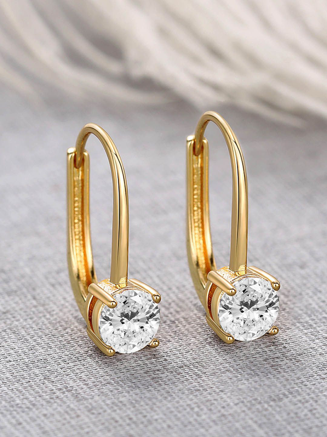 

Peora Gold-Plated Cubic Zirconia Studded Contemporary Shaped Hoop Earrings With Red Rose