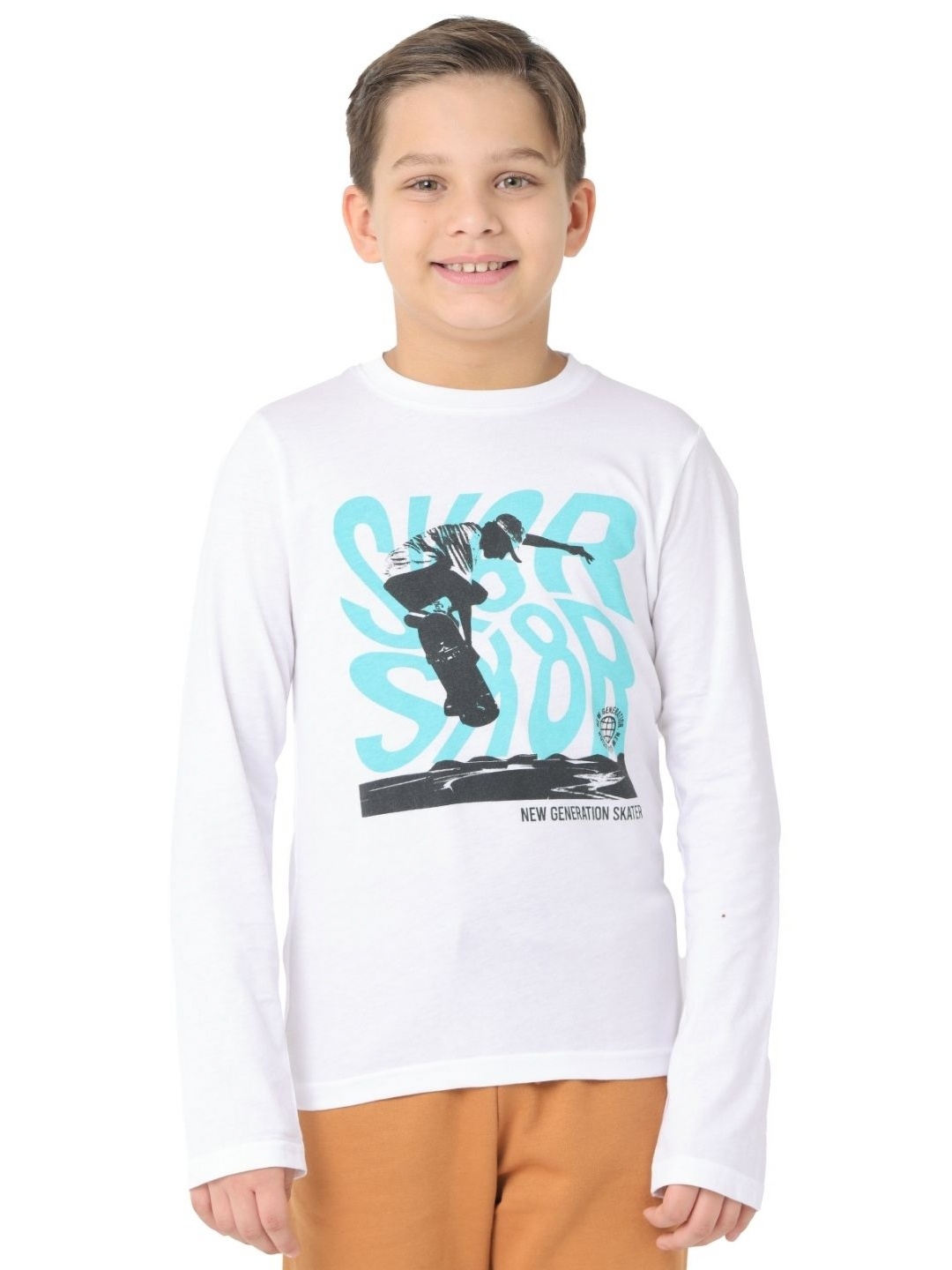 

Nuego Boys Graphic Printed Bio Finish Round Neck Full Sleeve Cotton T-shirt, White