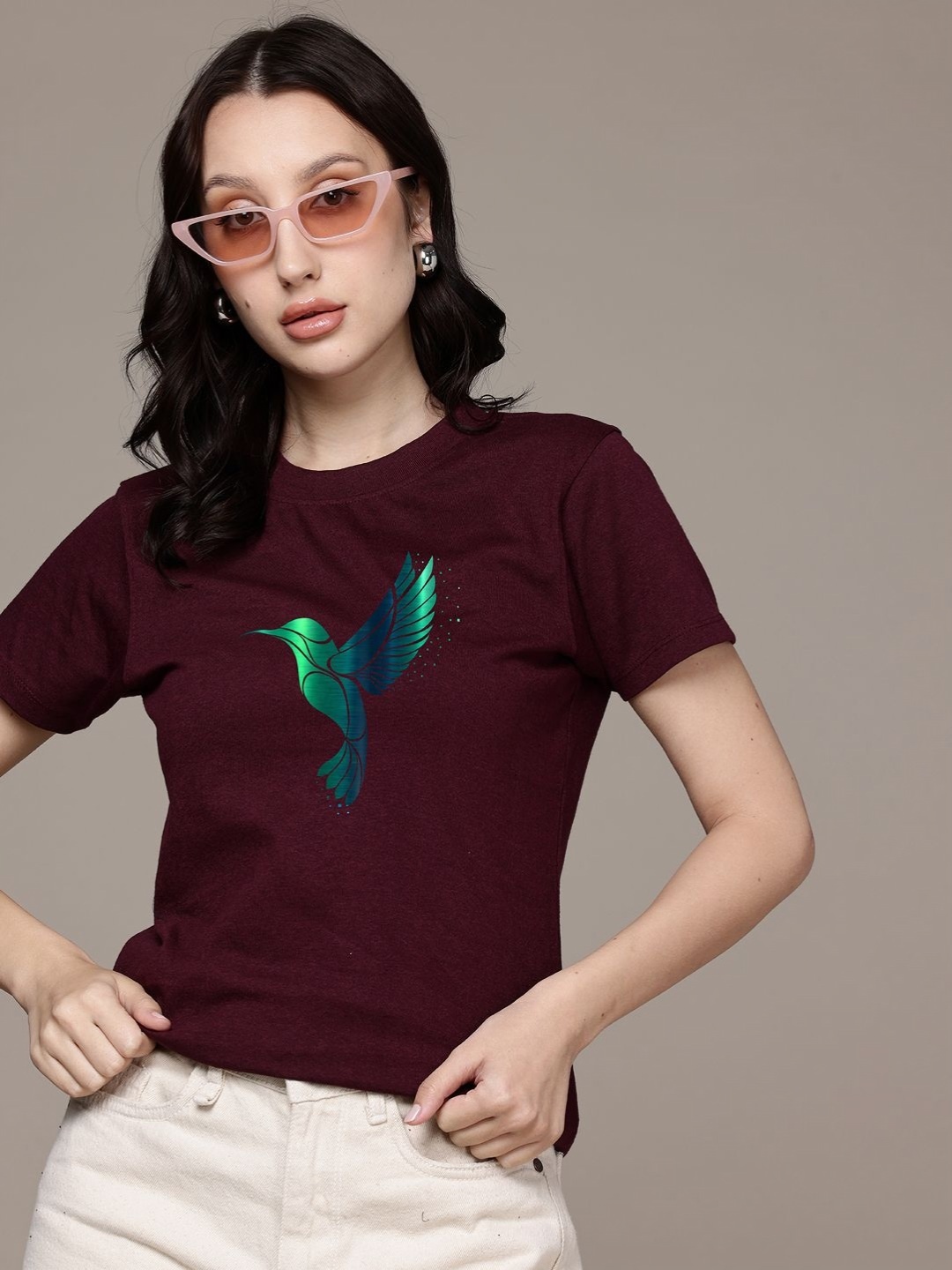 

Moda Rapido Women Graphic Printed Round Neck Regular Fit Cotton T-shirt, Burgundy