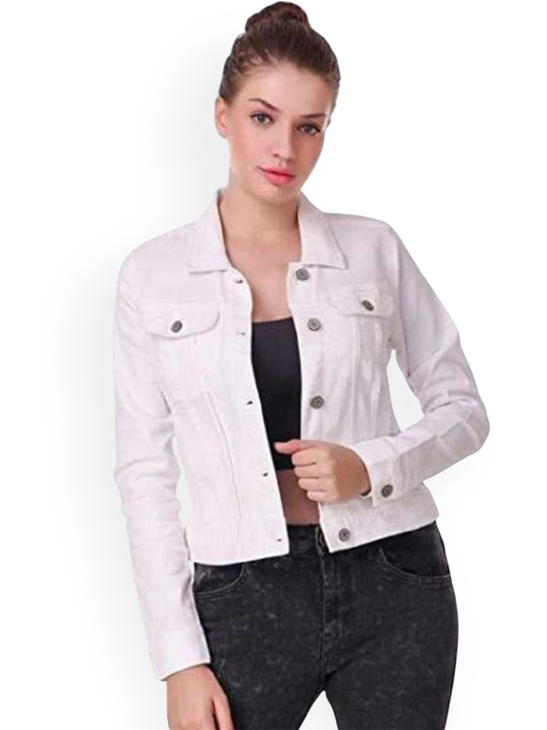 

KASHIAN Women Spread Collar Solid Casual Denim Jacket, White
