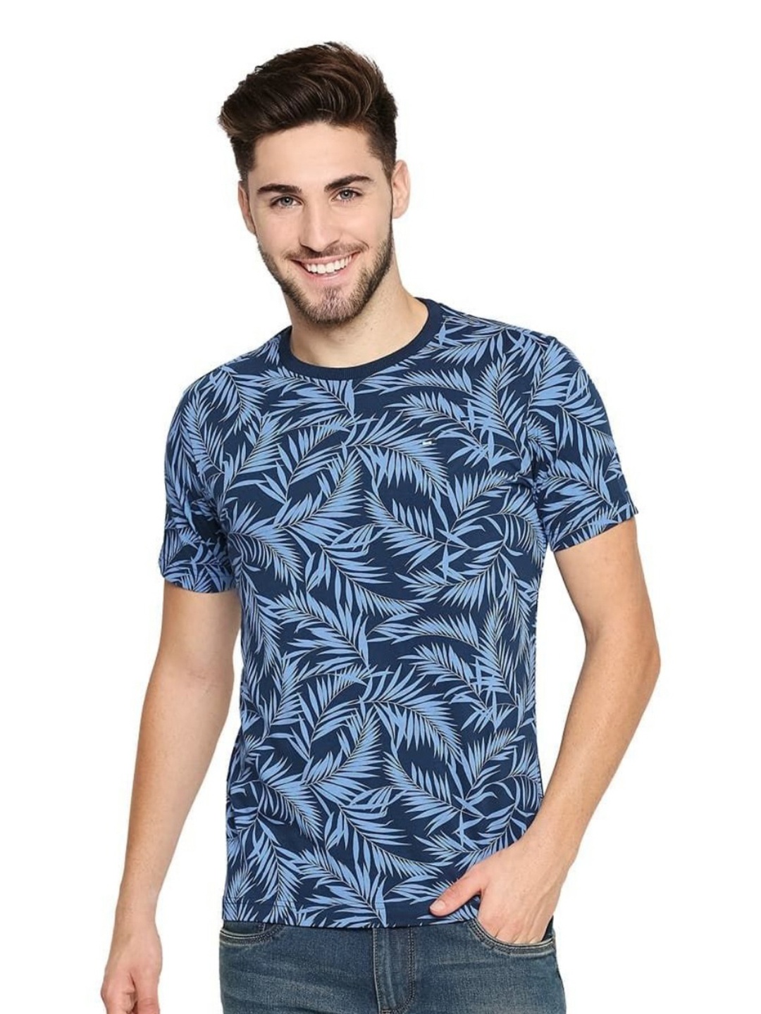 

Basics Men Floral Printed Round Neck Cotton T-shirt, Navy blue