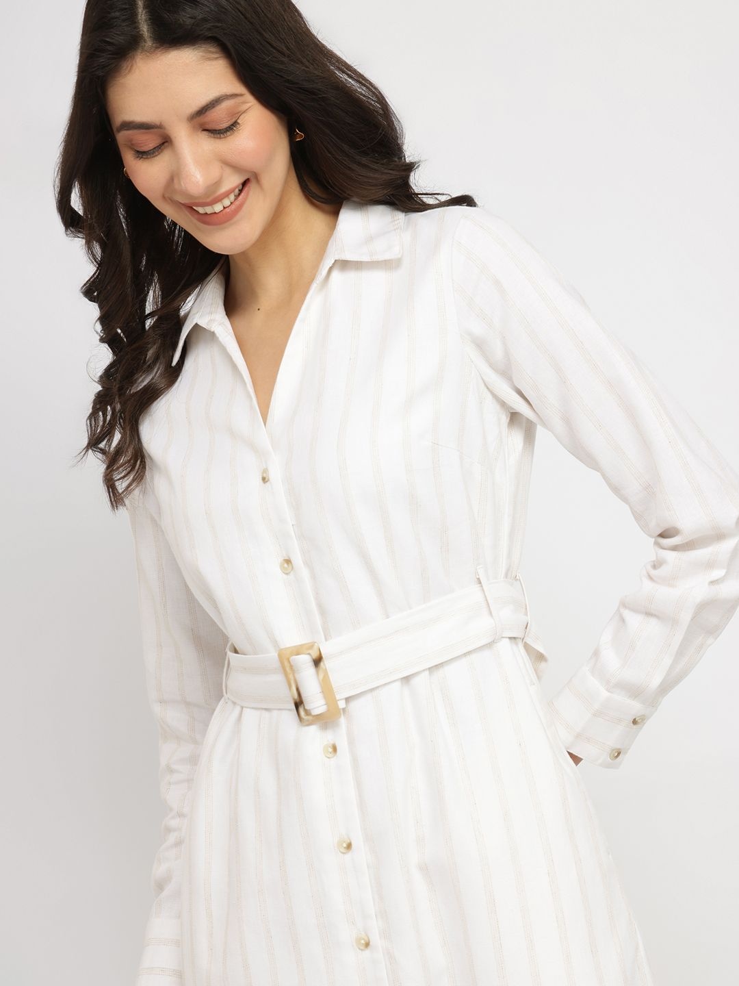 

FableStreet Women Cotton Linen Shirt Dress White
